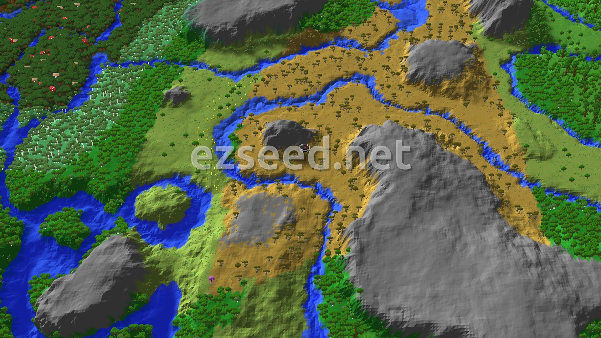 A 3D fly-over of a Minecraft world, showing a central savanna surrounded by rivers, forests, and some scattered mountains. A small spawn marker sits in the middle of the savanna.