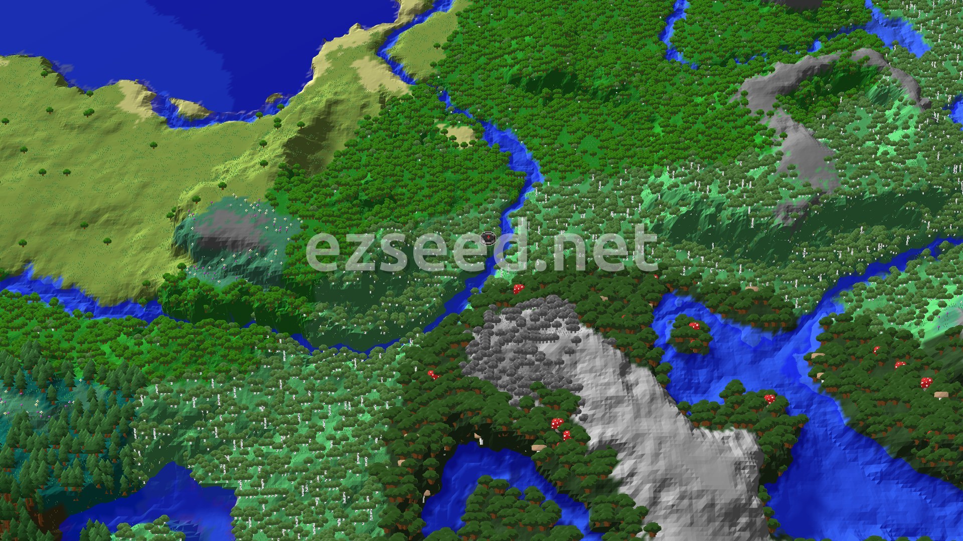 Aerial Minecraft seed map — Forest Spawn with Nearby Ancient City and Lush Caves