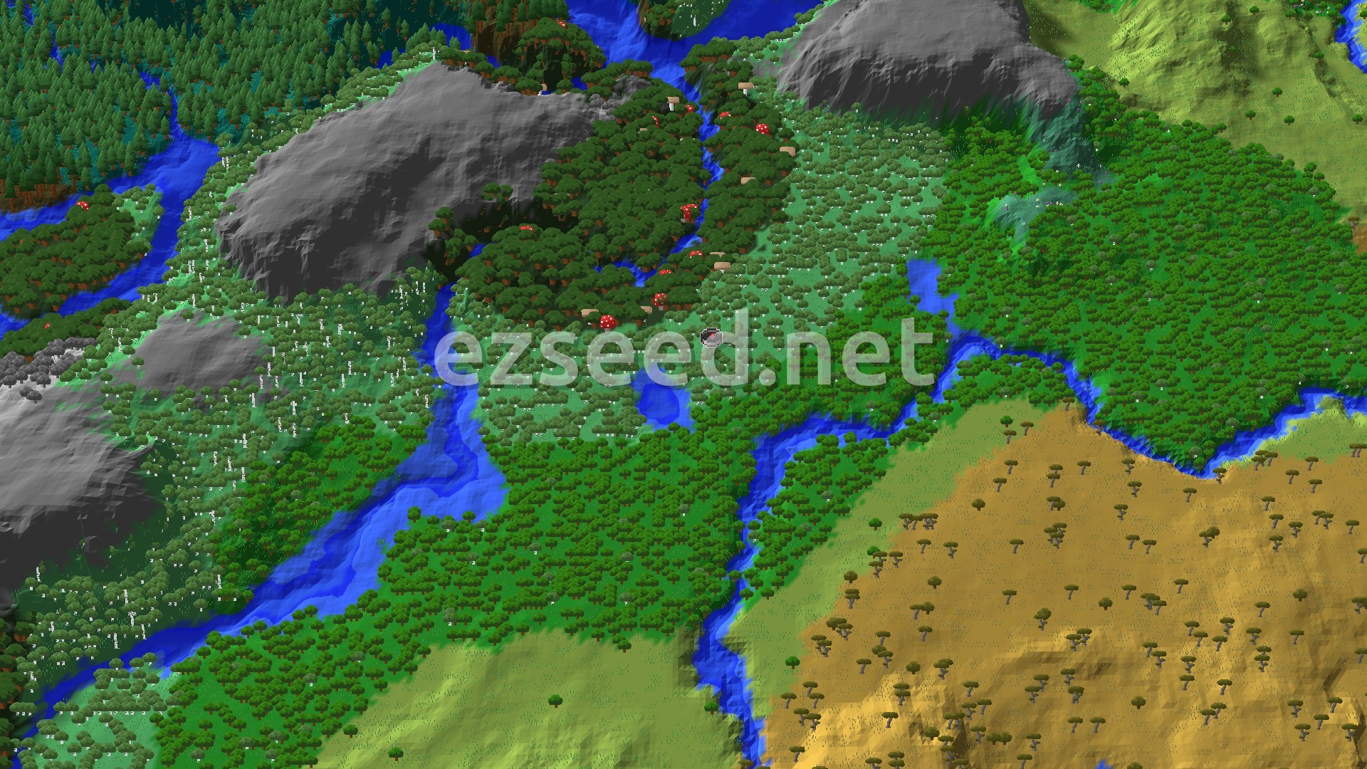 An aerial view of a Minecraft landscape featuring a birch forest, a river, and rolling hills with scattered trees under a clear sky.