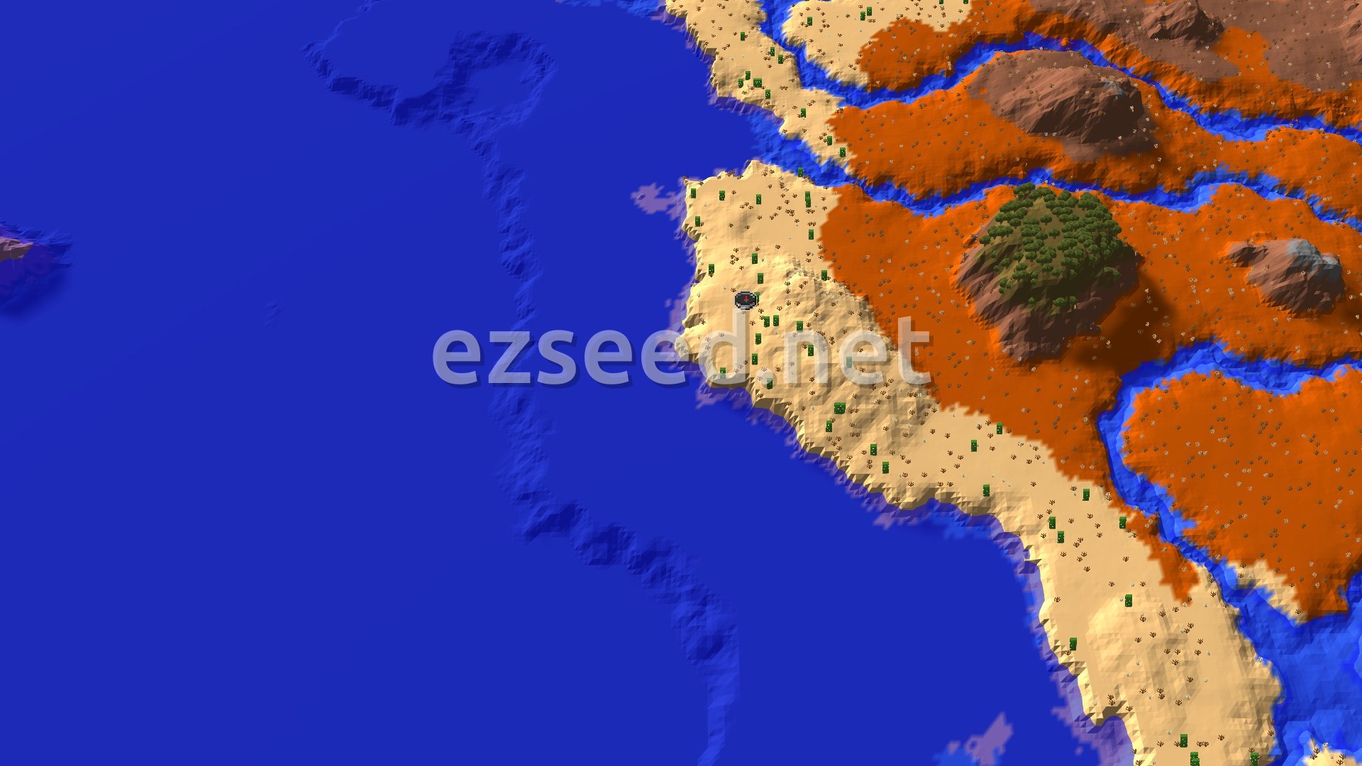 An aerial view of a desert biome at the center, with warm ocean to the west and south, and wooded badlands in the distance to the north and east.