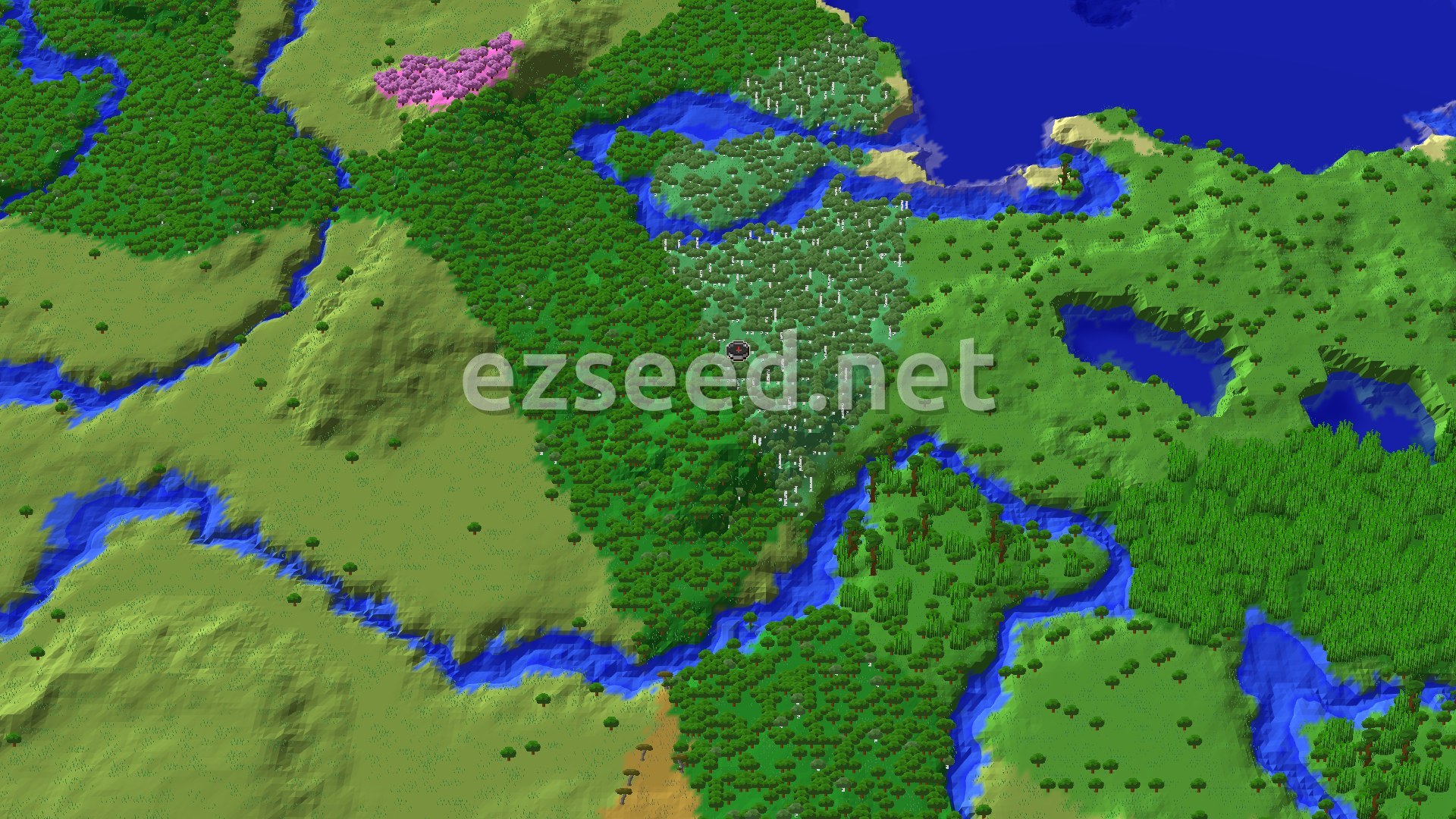 A 3D overhead view shows a player spawn marker in a dense birch forest. Rivers wind through green plains and more forests. A pink cherry grove is visible in the distance.
