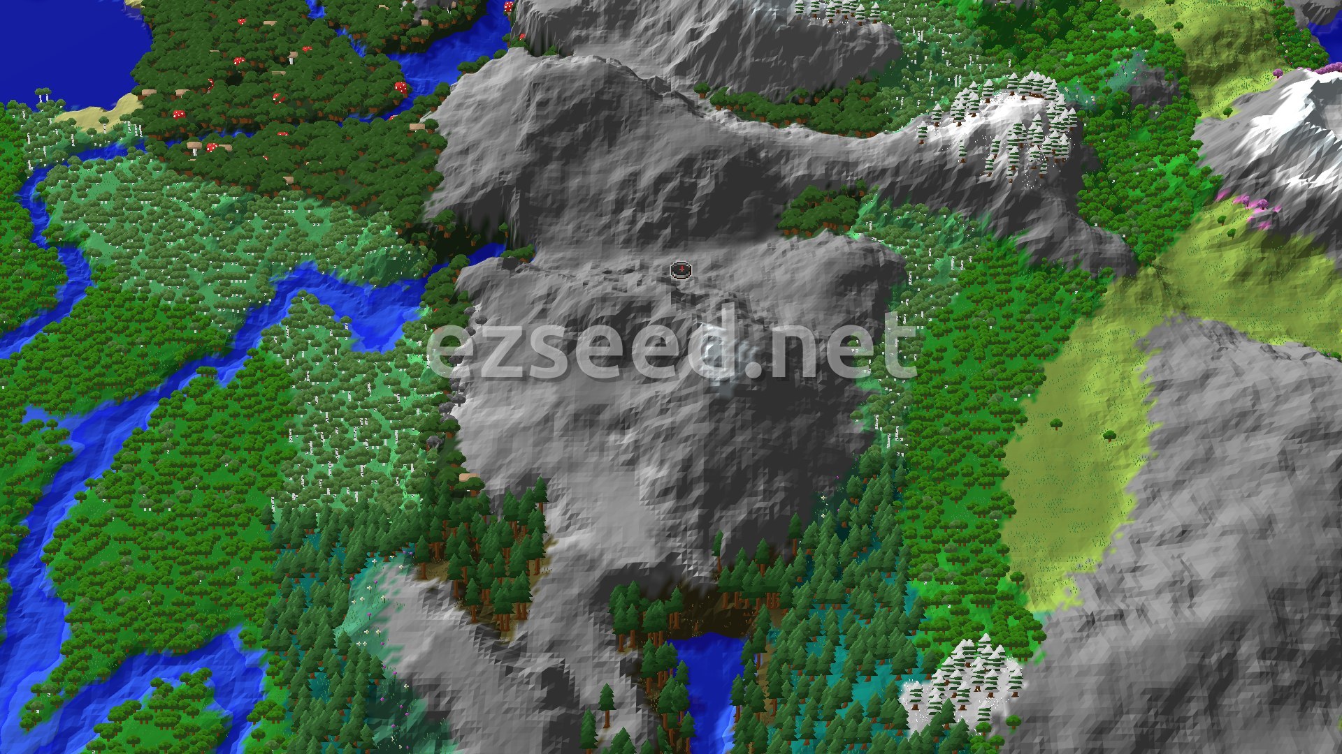 An aerial view of a mountainous, forested region with a prominent grey peak near the center and a small spawn marker on its side.