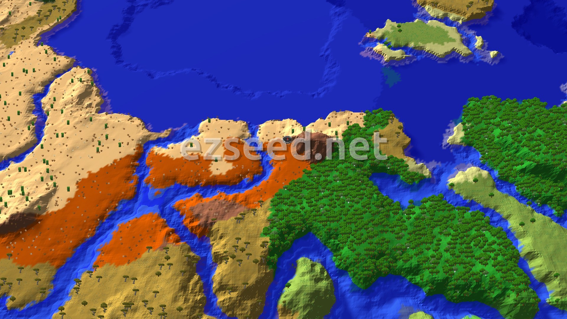 A 3D fly-over of a varied landscape, showing a central Badlands area with orange and brown terrain, flanked by a sandy desert biome, a green forest, and a large blue ocean. A river winds through the terrain.