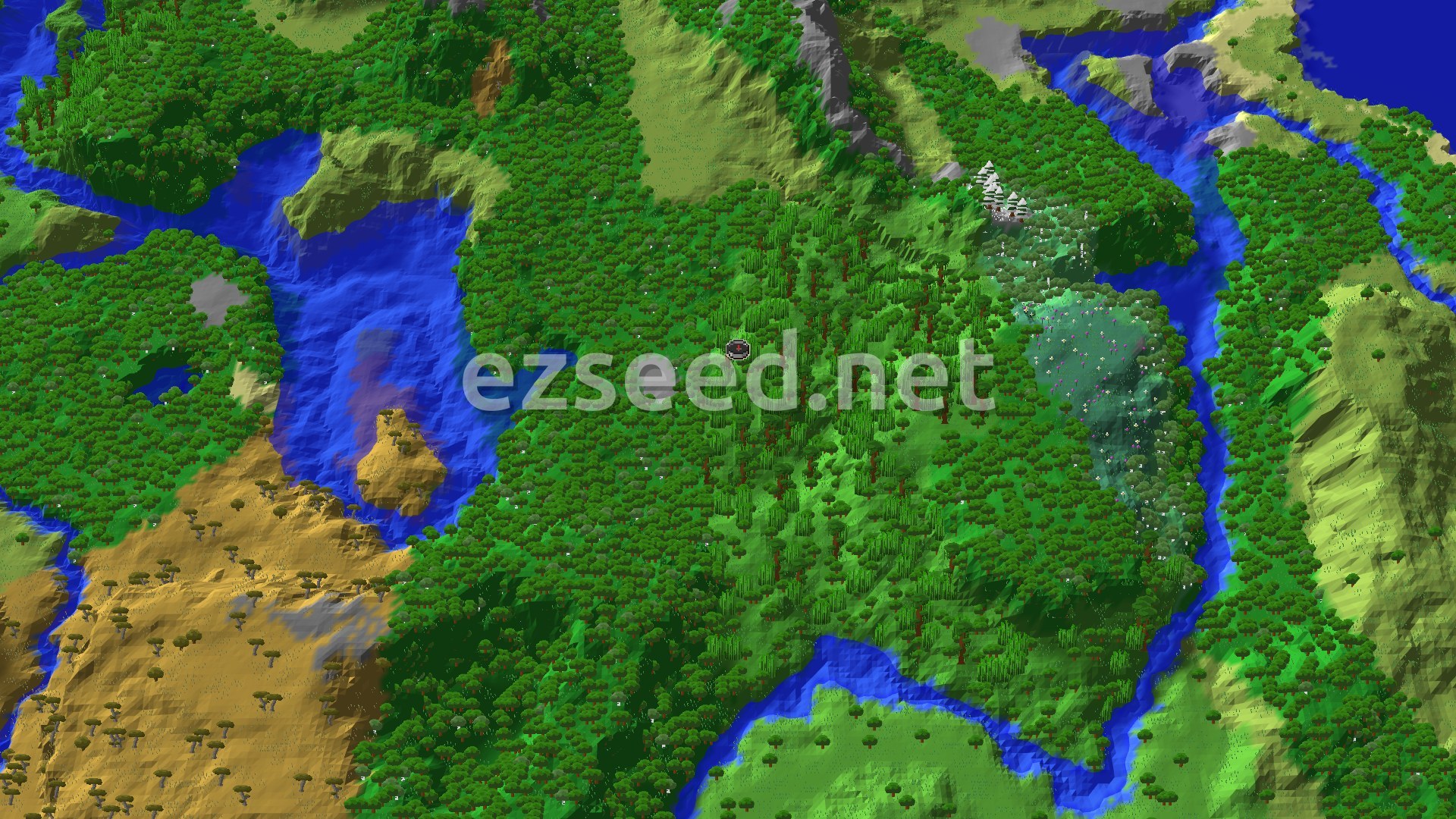 An aerial view of a dense jungle biome, with a winding river, some plains, and a hint of snowy mountains in the distance. A small marker indicates the spawn point within the jungle.
