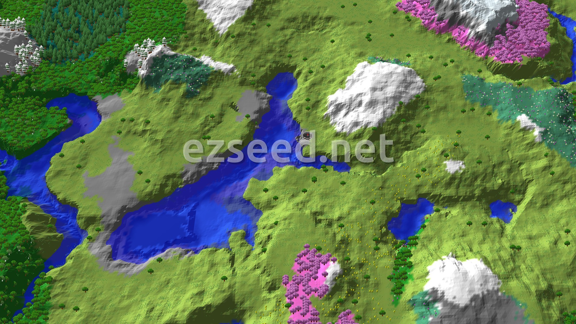 A 3D render of rolling green hills, a large blue lake, a winding river, and patches of snowy mountains and pink cherry trees. A small spawn marker sits near the lake.