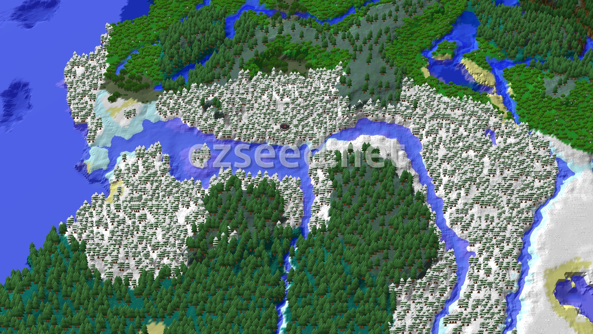 An aerial view centered on a snowy taiga forest with a frozen river running through it, surrounded by more forests and hints of ocean.