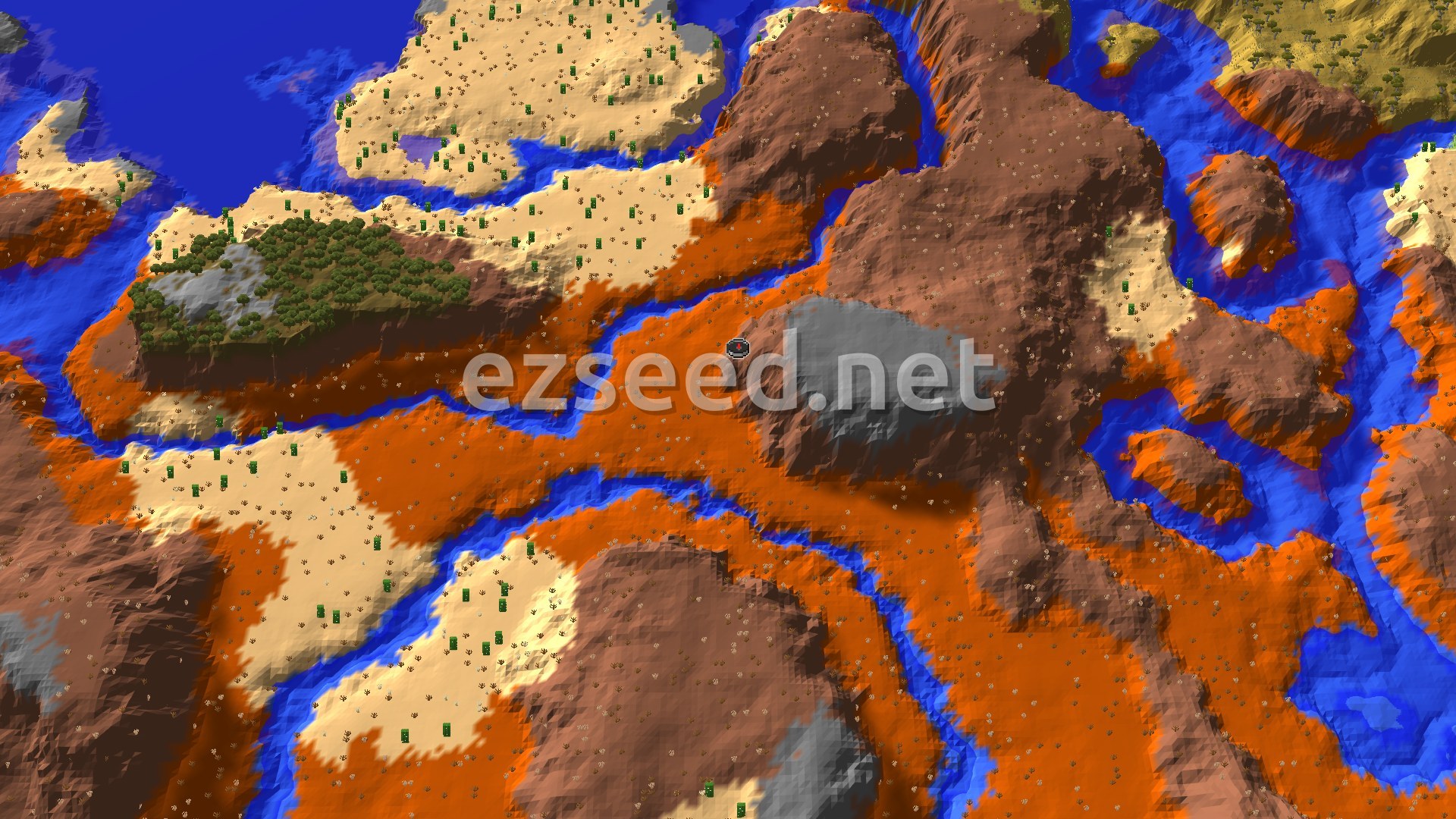 An aerial view of a Minecraft world showing a spawn point in a Badlands biome, surrounded by rivers, deserts, and wooded badlands. Trees dot the landscape, with some areas of blue water indicating rivers or small oceans.