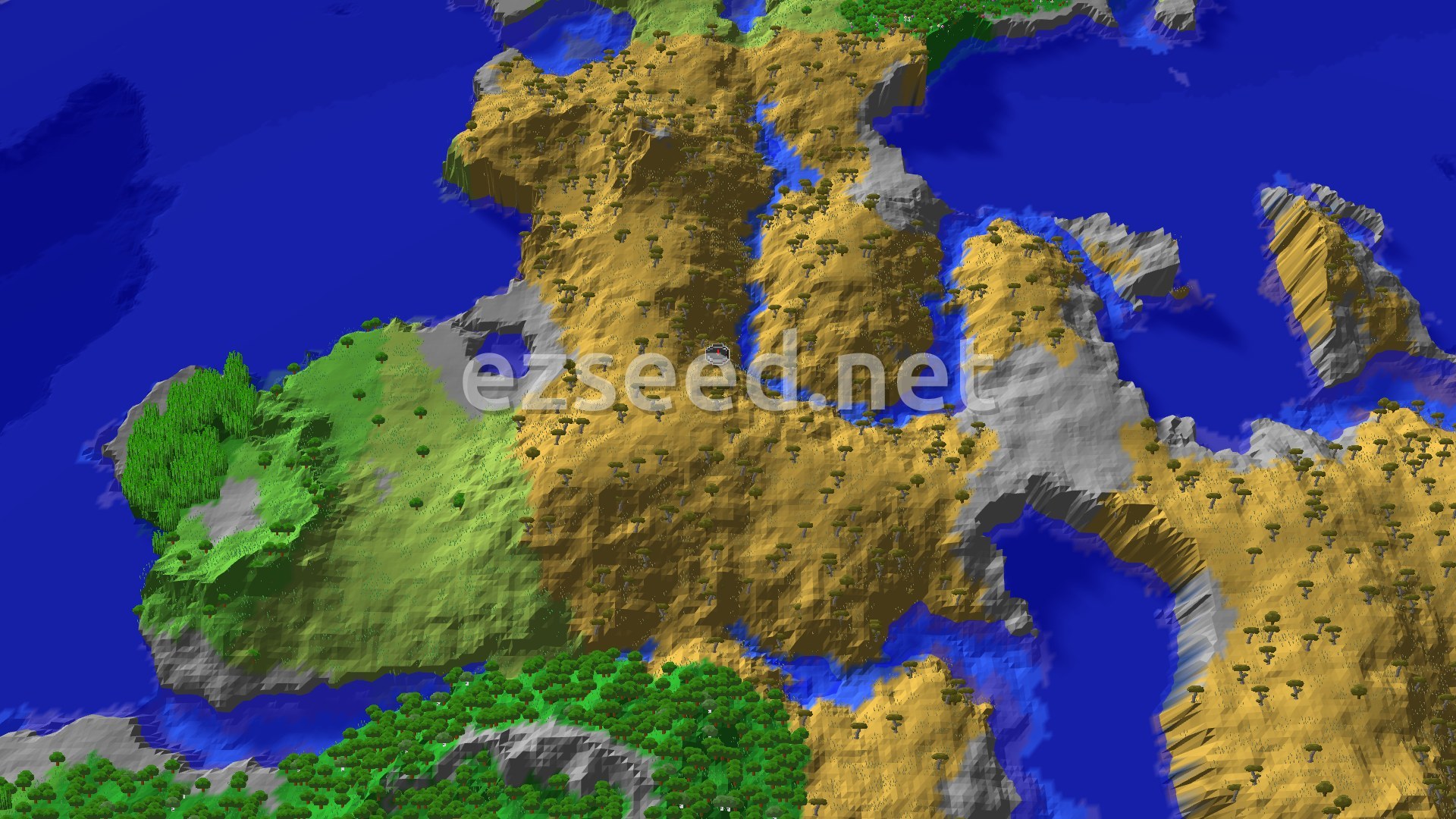 An aerial view of a large savanna biome with scattered acacia trees, bordered by a river and plains, with some stony shores and ocean visible.