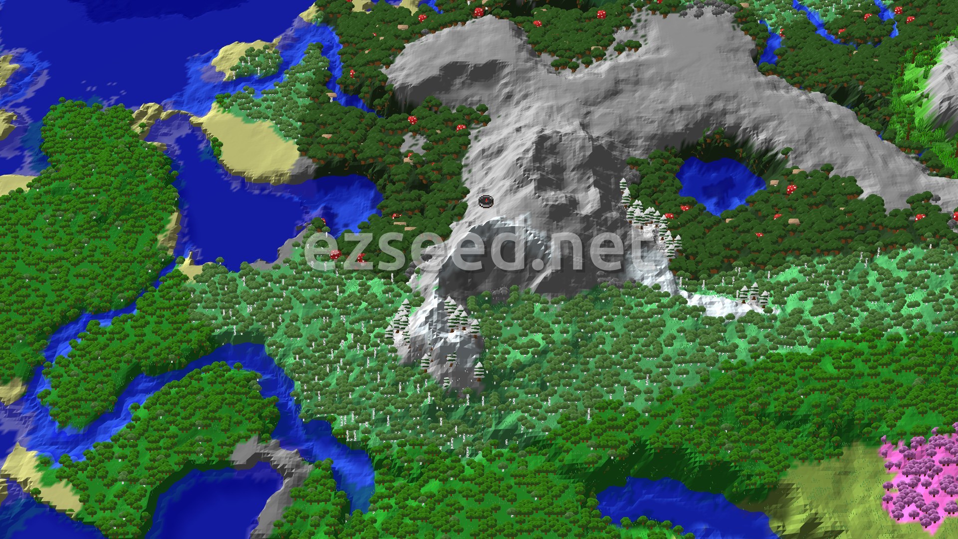 A bird's-eye view of a mountainous, forested landscape with a river winding through it, marking the spawn point with a small marker.