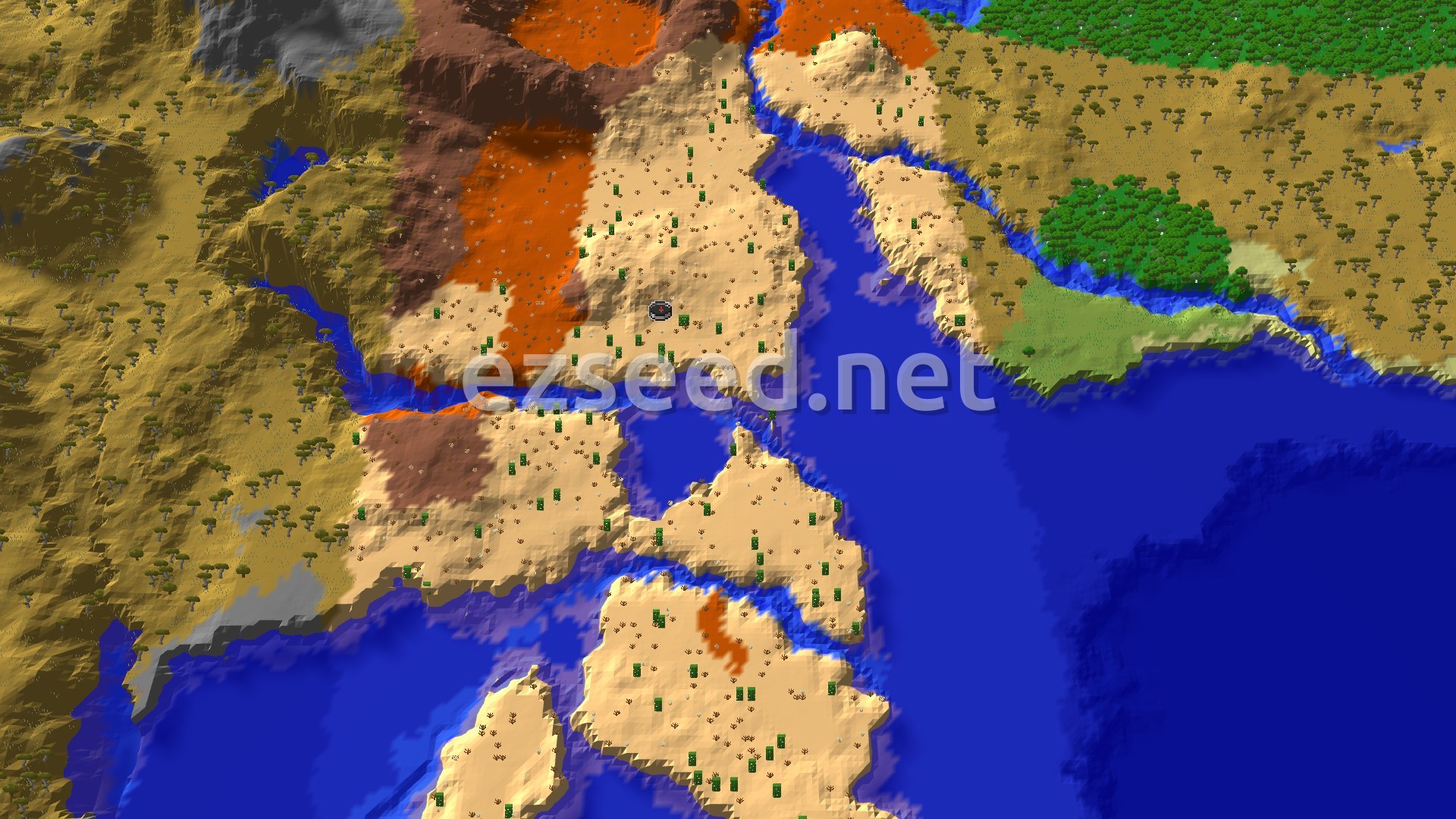 Aerial Minecraft seed map — Eroded Badlands next to a Desert Spawn