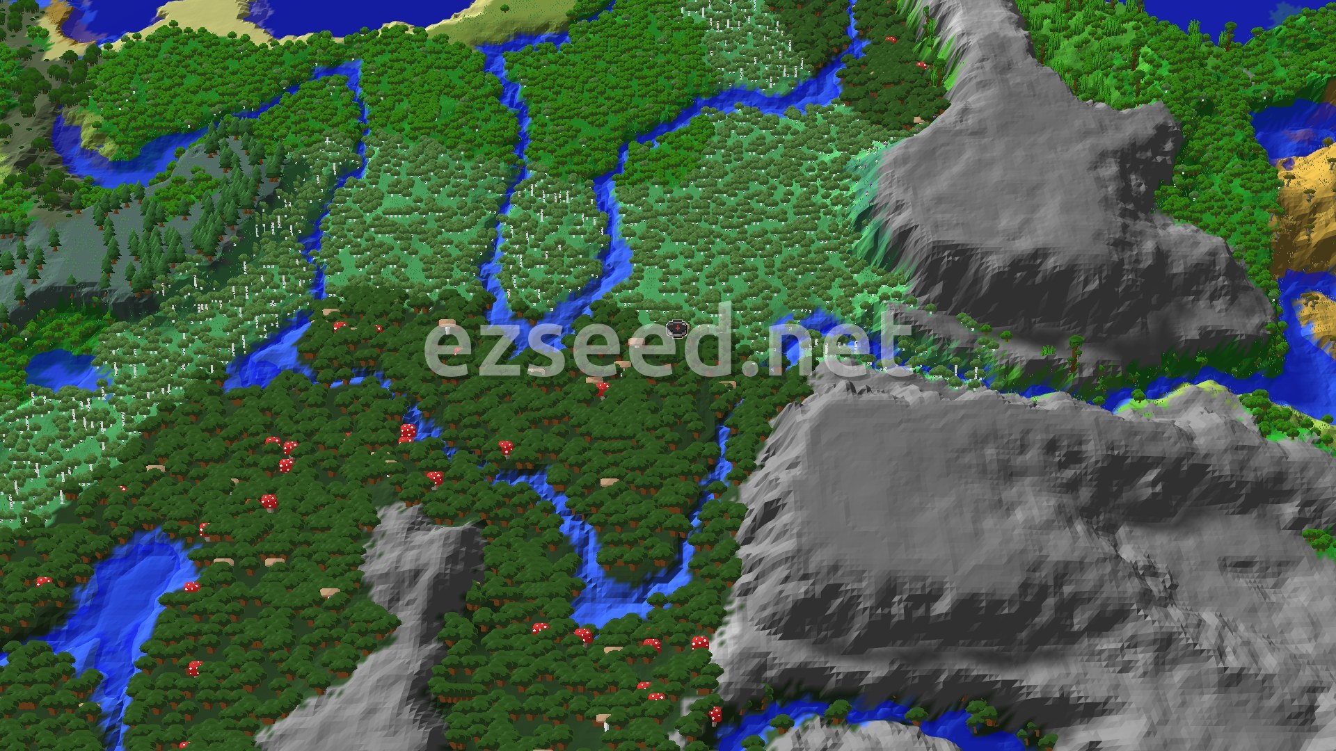 An aerial view of a dense Dark Forest with red mushrooms, cut by winding rivers, and flanked by tall, grey stony peaks.