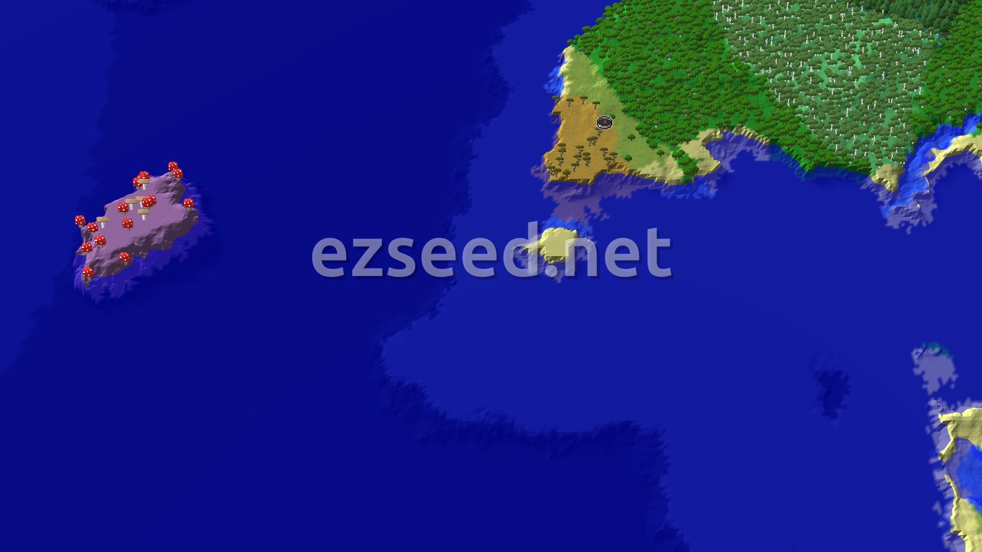 A 3D fly-over of the terrain around spawn, showing a continent with a savanna and forest, and a separate mushroom fields island in the ocean.