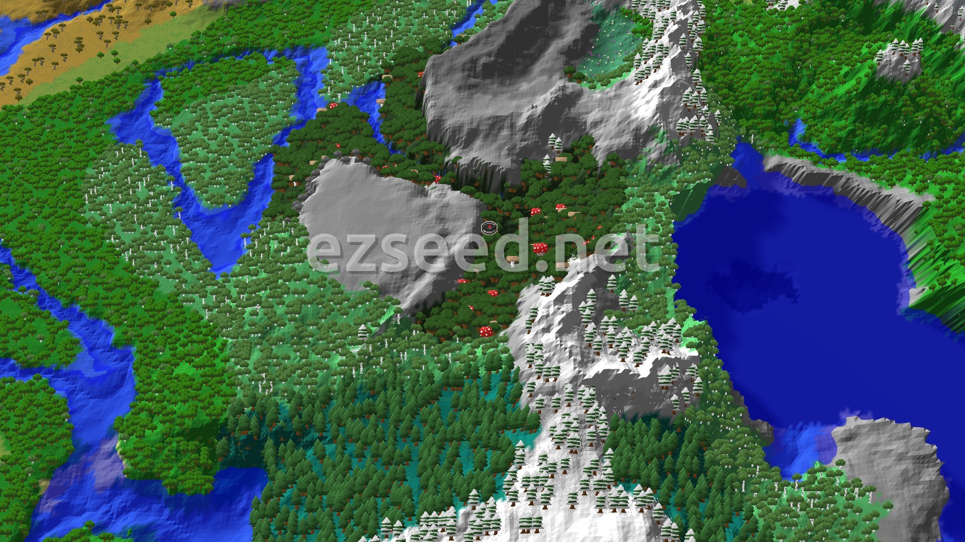 A 3D overhead view of a mountainous landscape with dense forests, snow-capped peaks, a dark forest patch with mushrooms, and a large body of water.