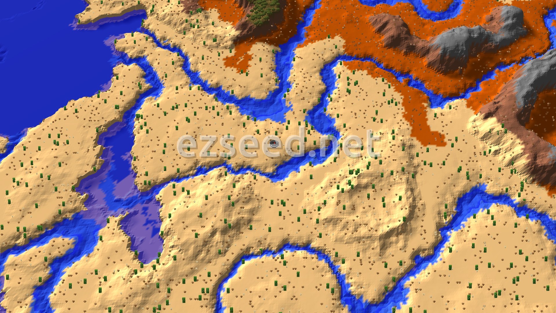 A vast desert landscape with winding rivers and patches of green vegetation, leading to red and grey badlands in the distance. The terrain is varied with some low hills and scattered cacti.