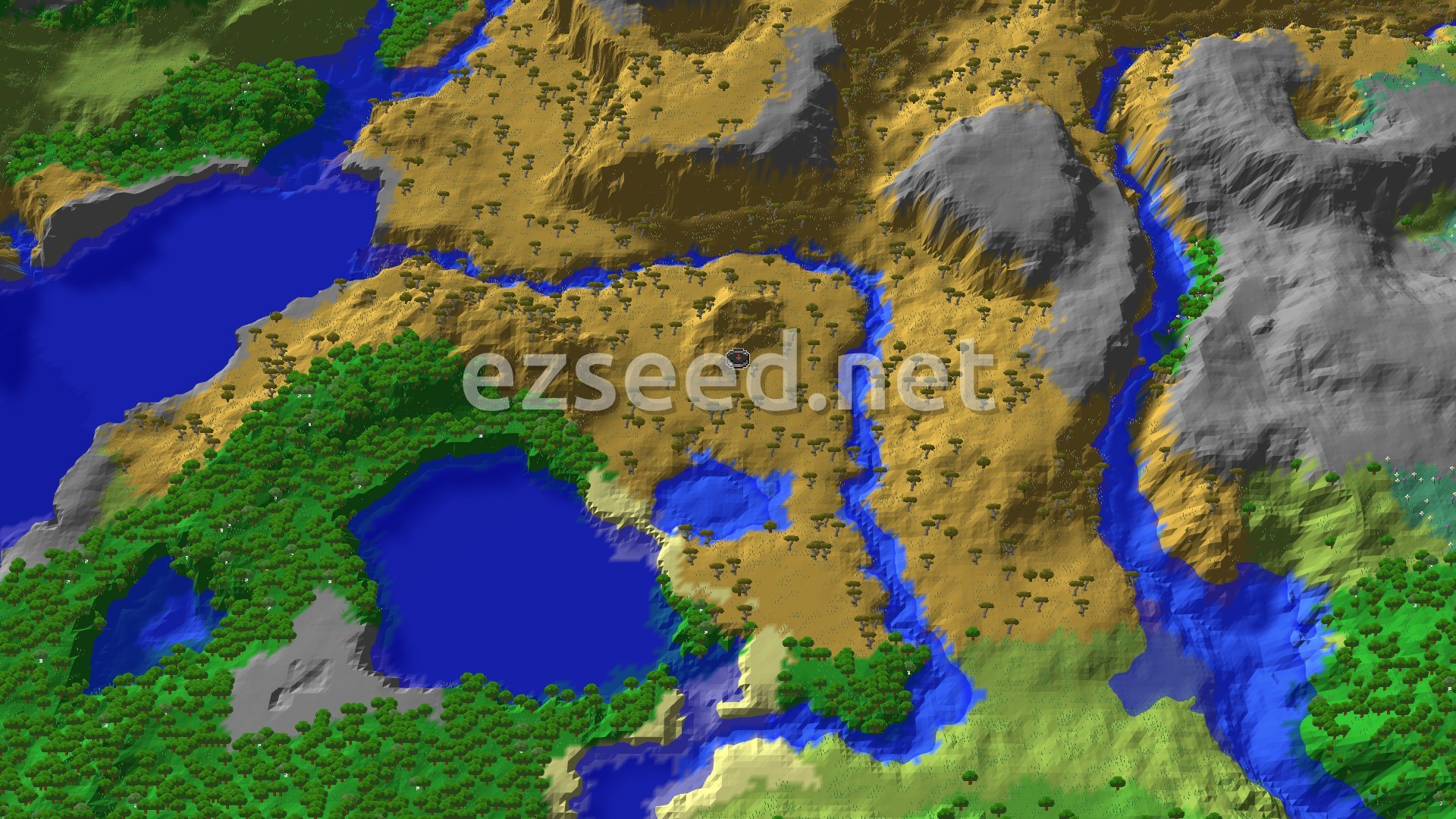 A bird's-eye view of a varied landscape, featuring a large savanna plateau with scattered trees, a winding river, and a dense forest on the lower left. A small marker indicates the spawn point.