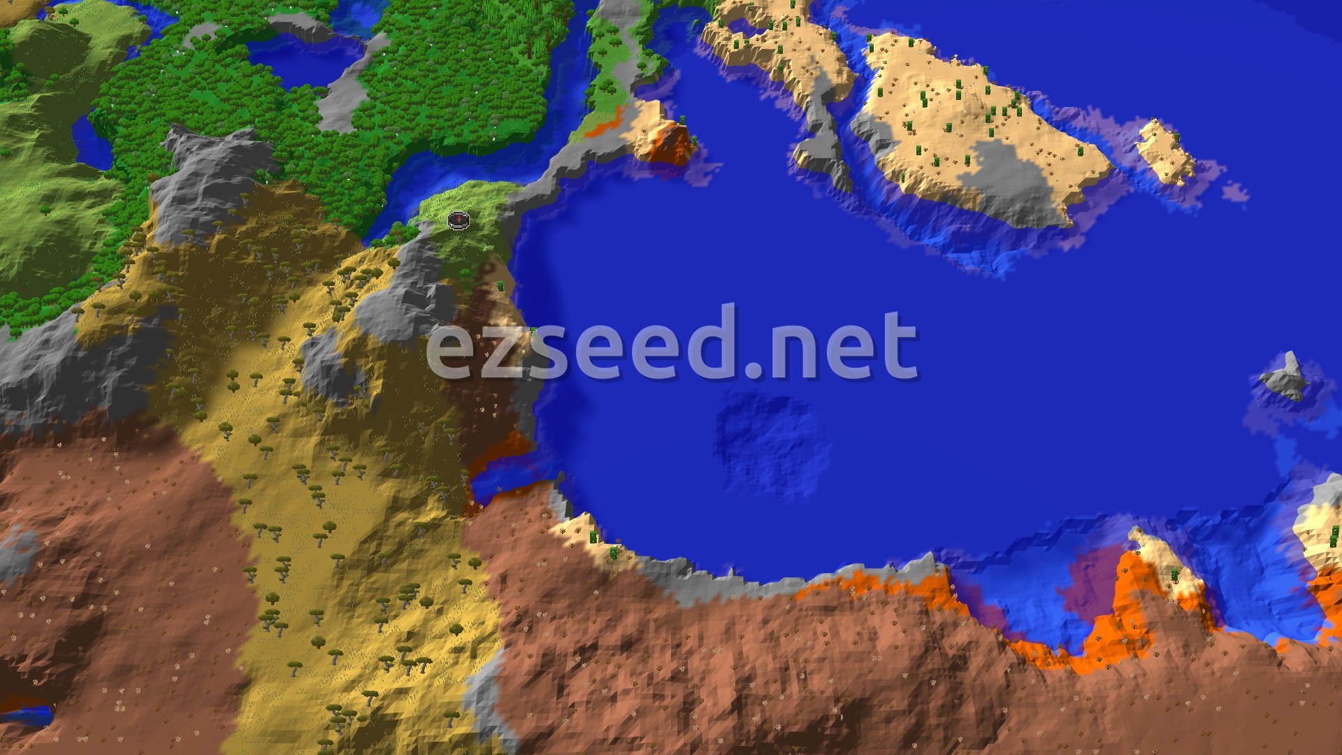 Aerial Minecraft seed map — Ancient City Near Stony Peaks and Badlands