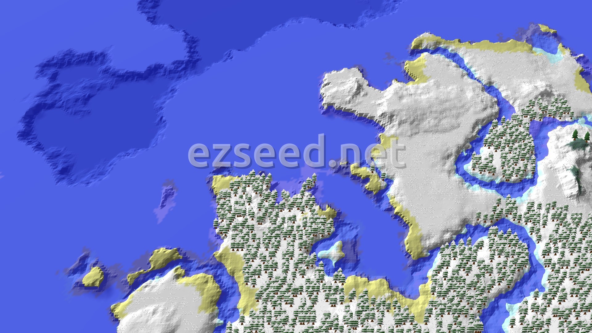 An overhead view of a snow-covered landmass, densely forested with spruce trees, surrounded by blue ocean with some icy patches and sandy beaches.