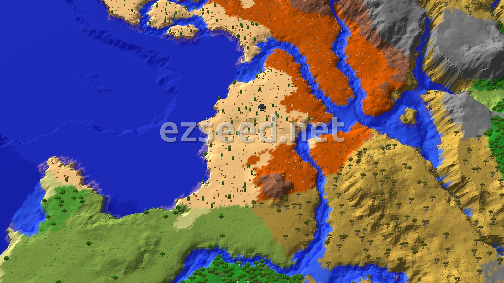 A bird's eye view of a desert landscape with scattered cacti, bordered by a large ocean and patches of badlands and savanna, with a small spawn marker in the center.