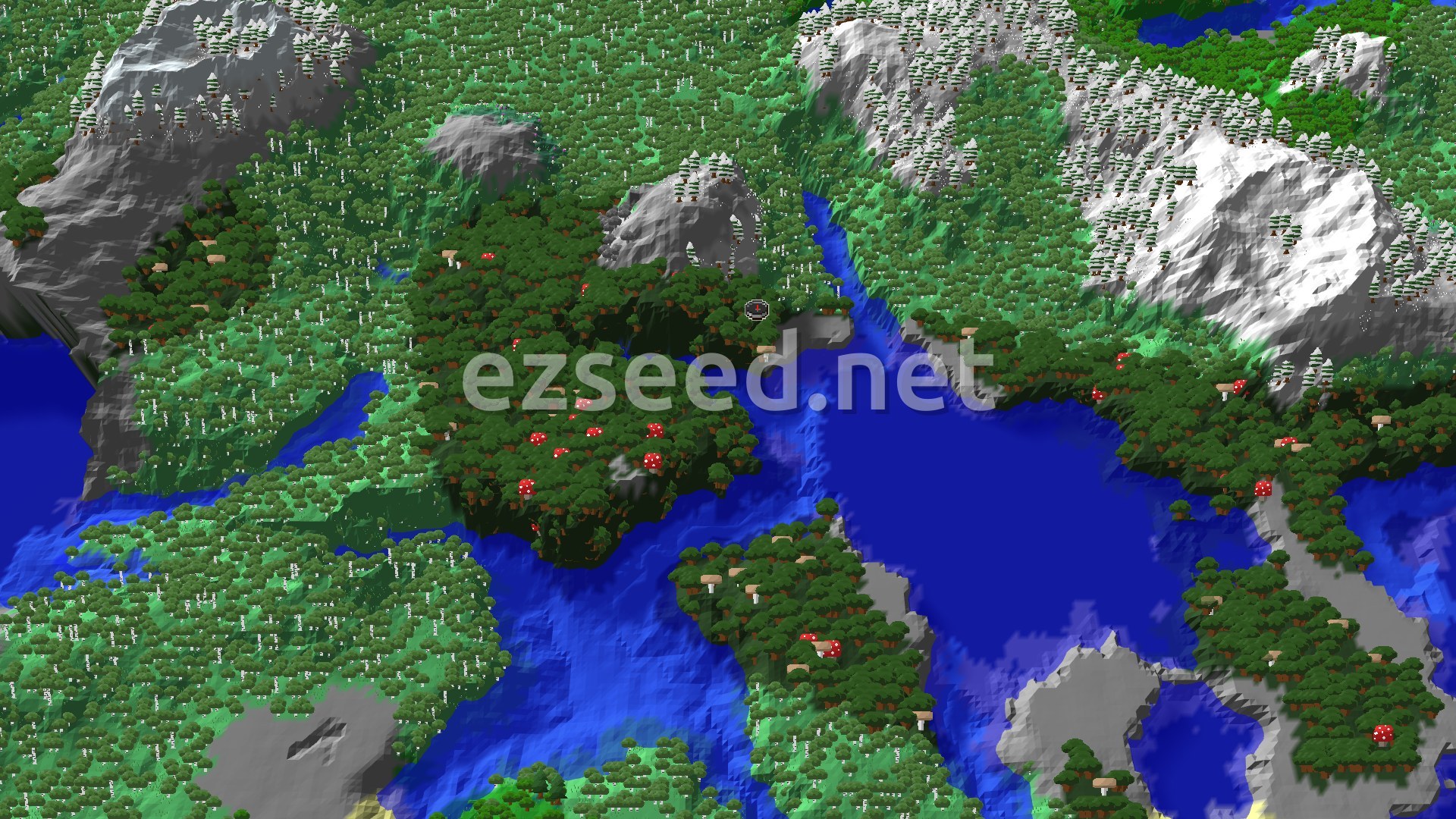 An overhead view of a large, dense dark forest biome with scattered red mushrooms, surrounded by water and bordered by tall, snow-capped mountains and stony shores. A small spawn marker is visible in the center of the forest.