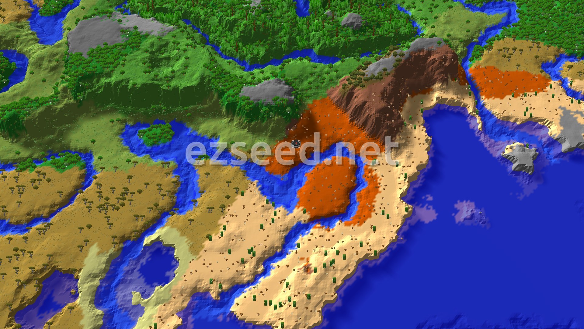 Aerial Minecraft seed map — Spawn in Eroded Badlands, Desert Pyramid Nearby