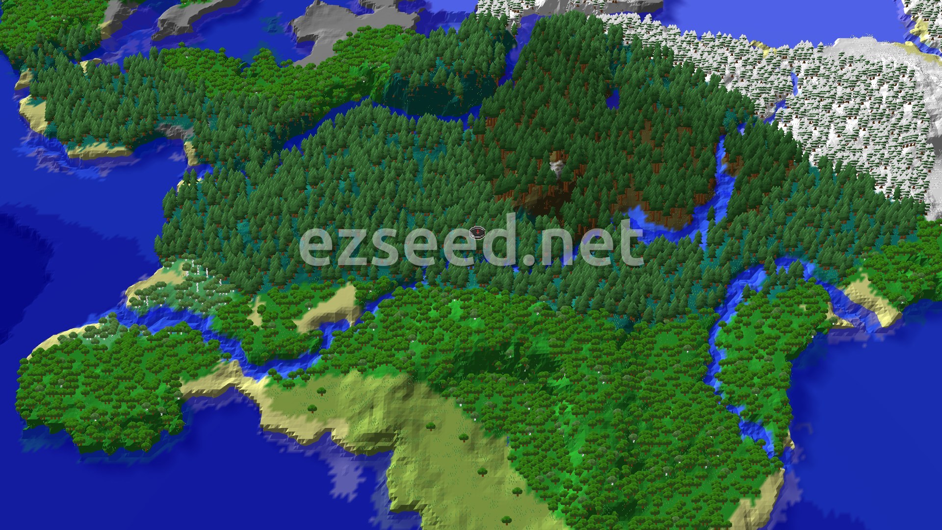 A dense taiga forest with towering pine and spruce trees, a winding river, and a mix of snowy patches and open clearings under a bright sky, with a small marker at the center indicating the spawn point.