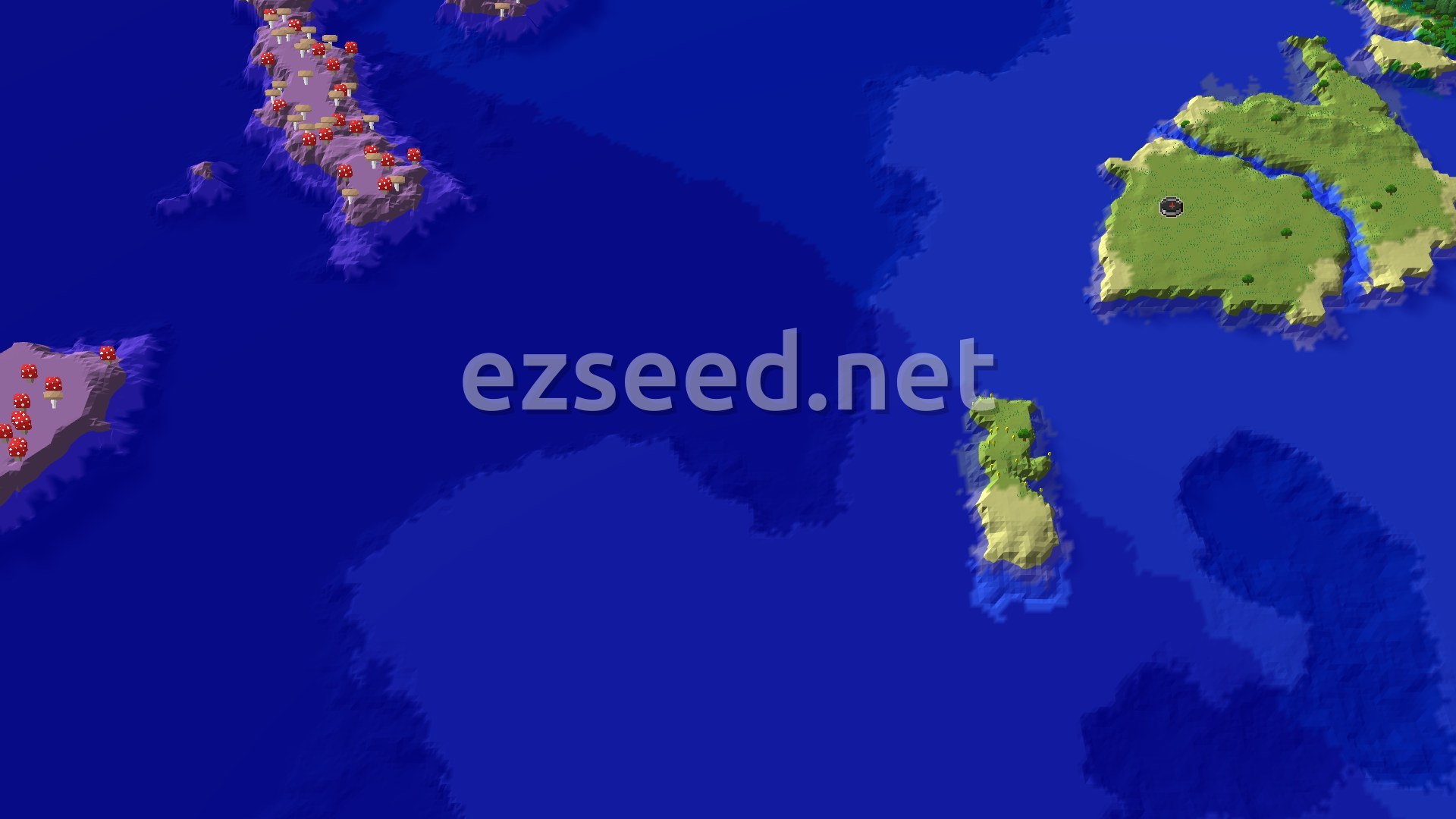 A 3D fly-over of a seed showing an ocean with several islands, one with a spawn marker, and a mushroom fields biome.