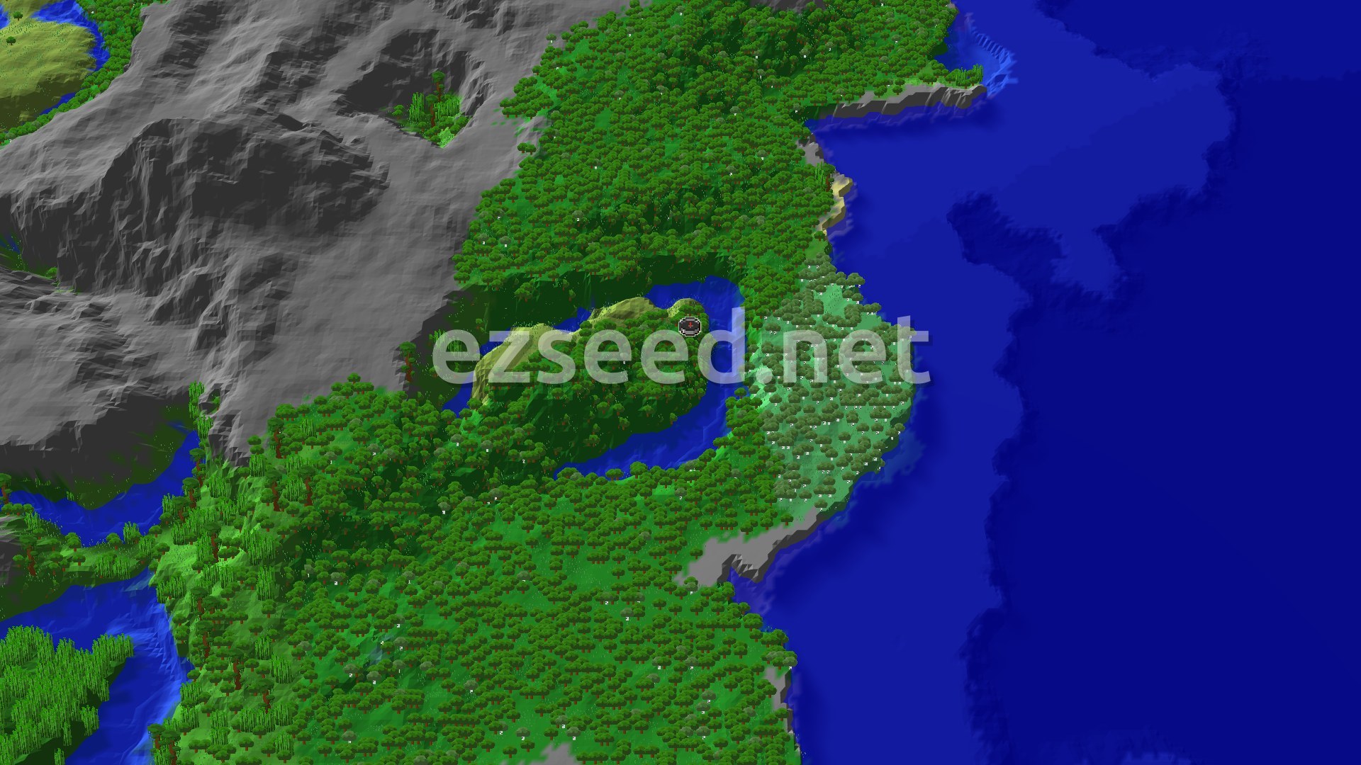 A 3D render of a Minecraft world around spawn, showing a dense forest, a winding river, and flat plains under a clear sky.