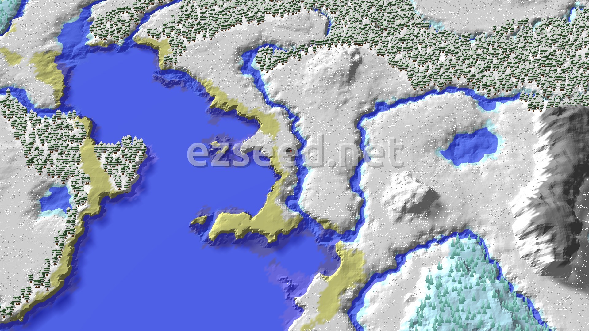 An aerial view of a snow-covered landscape with a large frozen ocean, snowy plains, and scattered evergreen trees. Patches of snowy beach line the coast, and a small spawn marker is visible near the center.