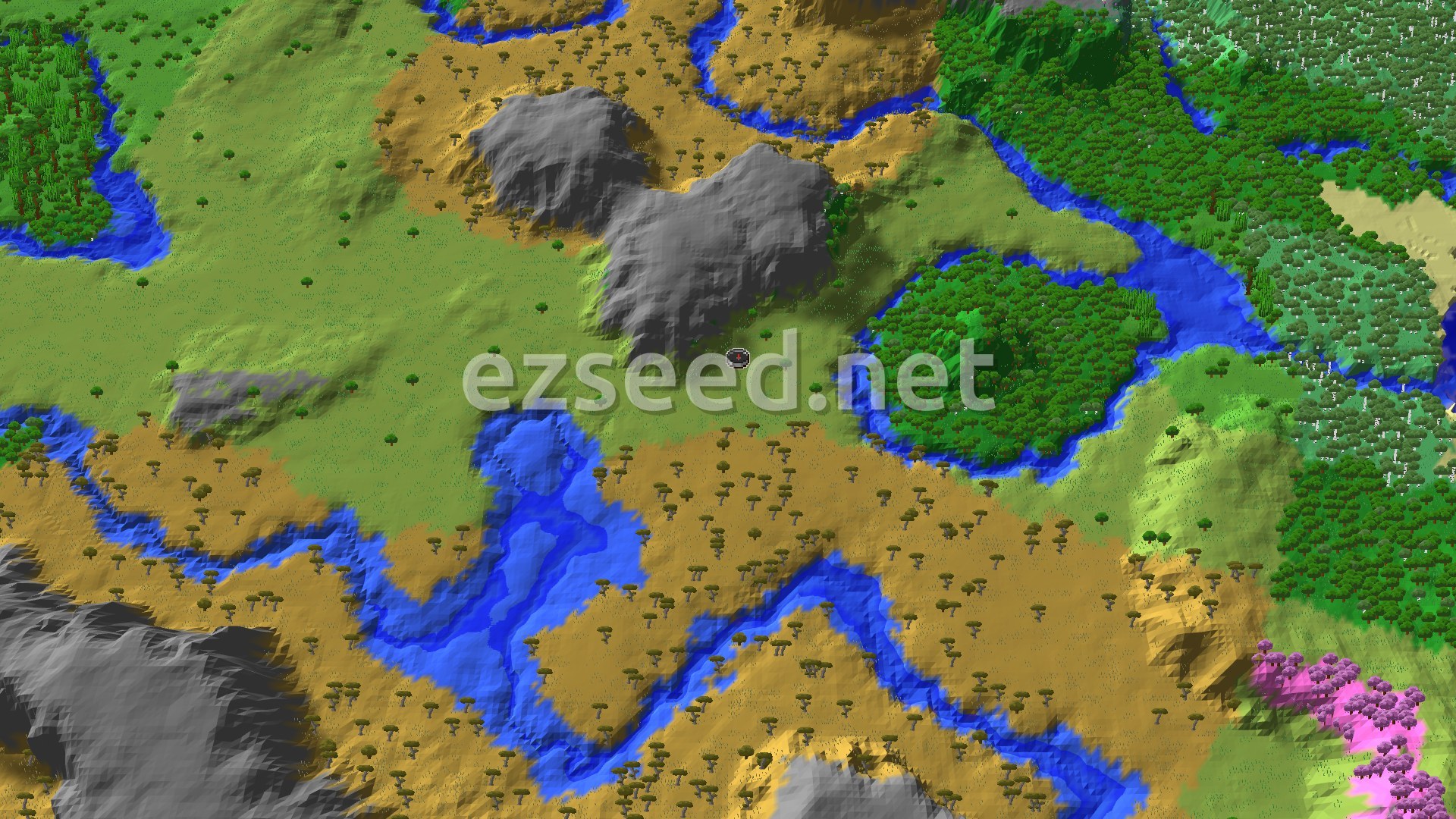 Aerial Minecraft seed map — Spawn in Plains with a Village and Trial Chambers Nearby