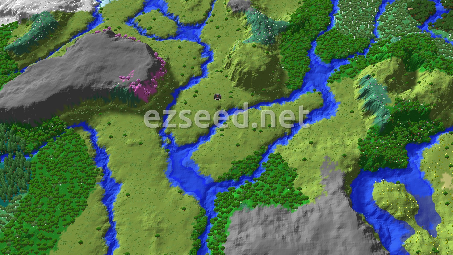 An aerial view of varied terrain, showing a mix of green plains, winding blue rivers, dense green forests, a grey mountain, and a distinct pink-leaved Cherry Grove on the mountain's side.