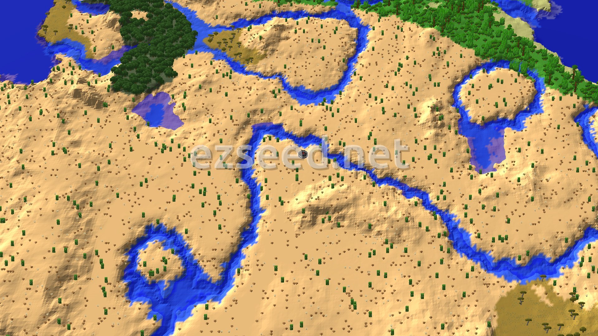 An aerial view of a mostly desert landscape with winding rivers, scattered oases, and patches of forest and savanna biomes.