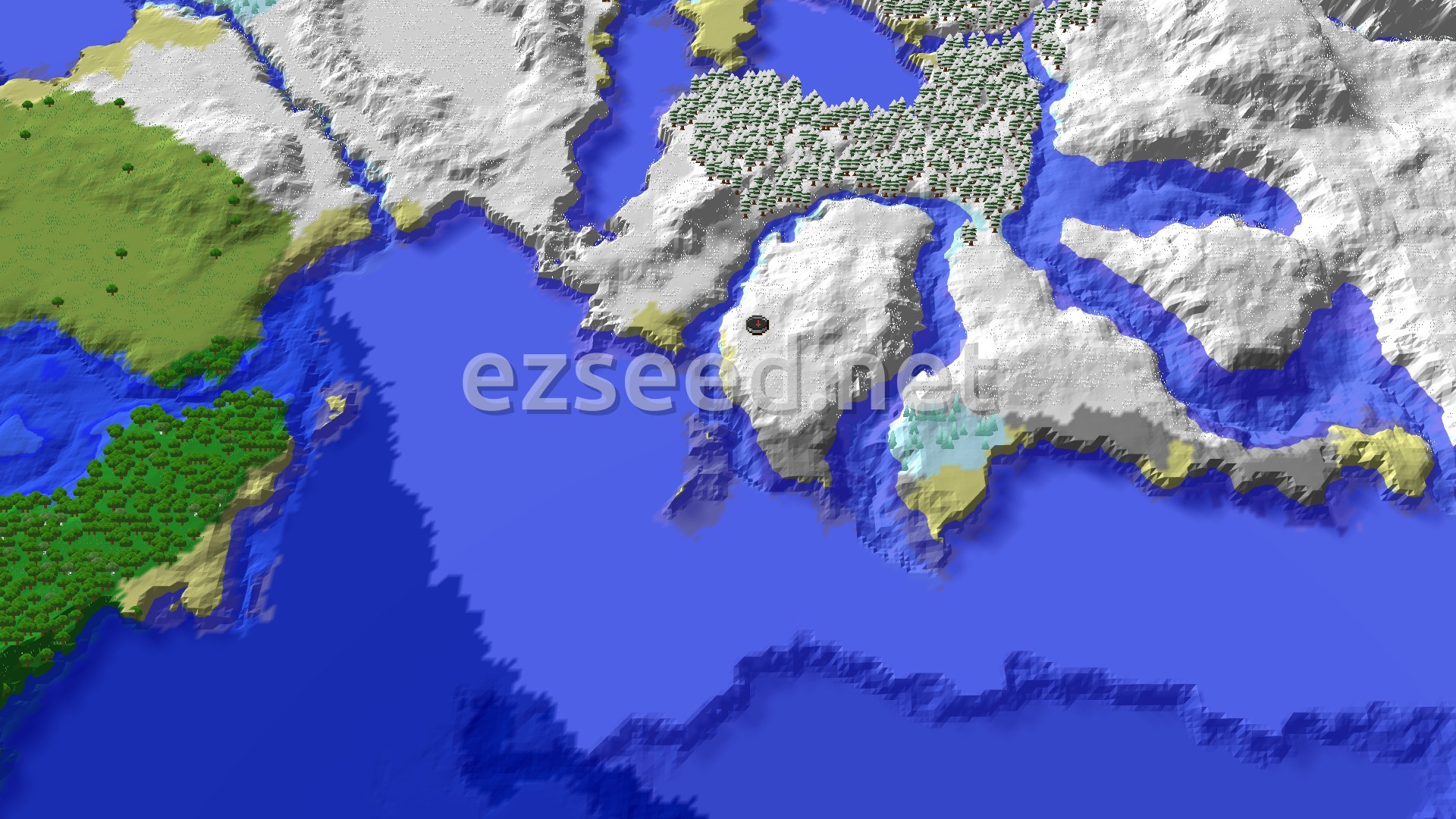 An overhead view of a snowy landscape with a prominent island of white surrounded by dark blue ocean, leading to a snowy forest to the north and a green landmass to the west.