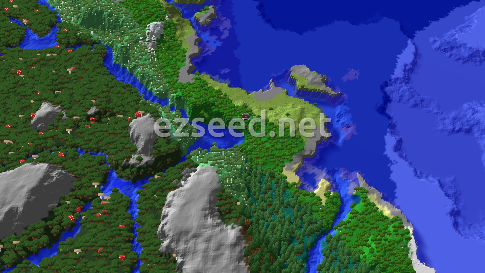 An aerial view of a verdant landscape featuring a dense forest biome, rivers, and patches of plains, all bordering a large blue ocean. A red spawn marker is visible near the center.