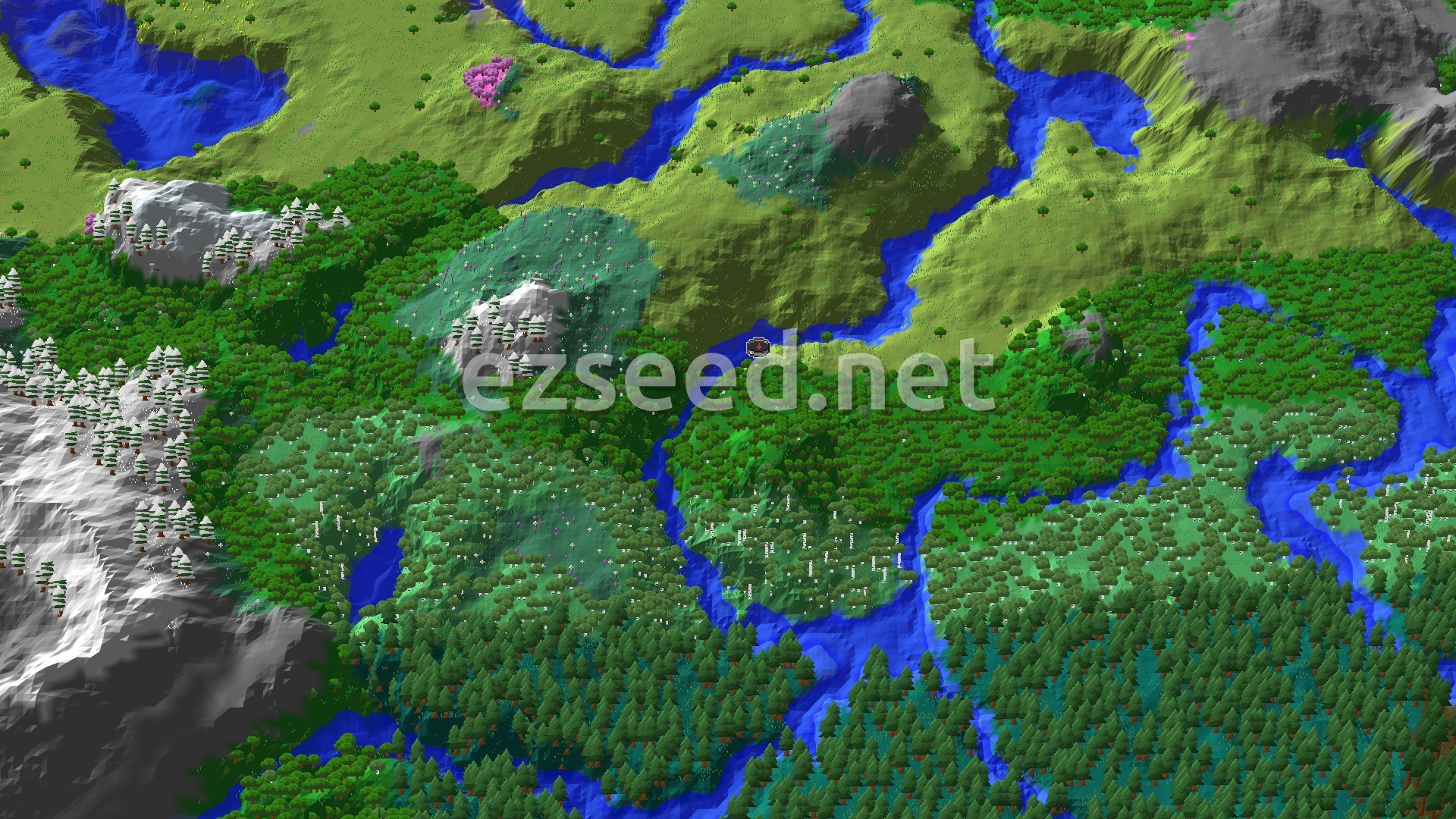 A sweeping aerial view of a varied landscape featuring plains, forests, and winding rivers, with prominent mountainous terrain in the distance.