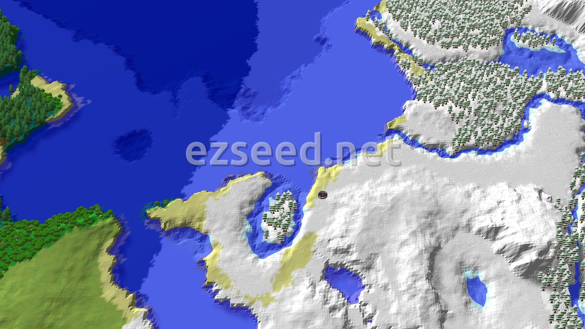An aerial view showing a snowy plains biome with scattered trees, bordered by a frozen ocean and a small island of trees, with a spawn marker in the center.
