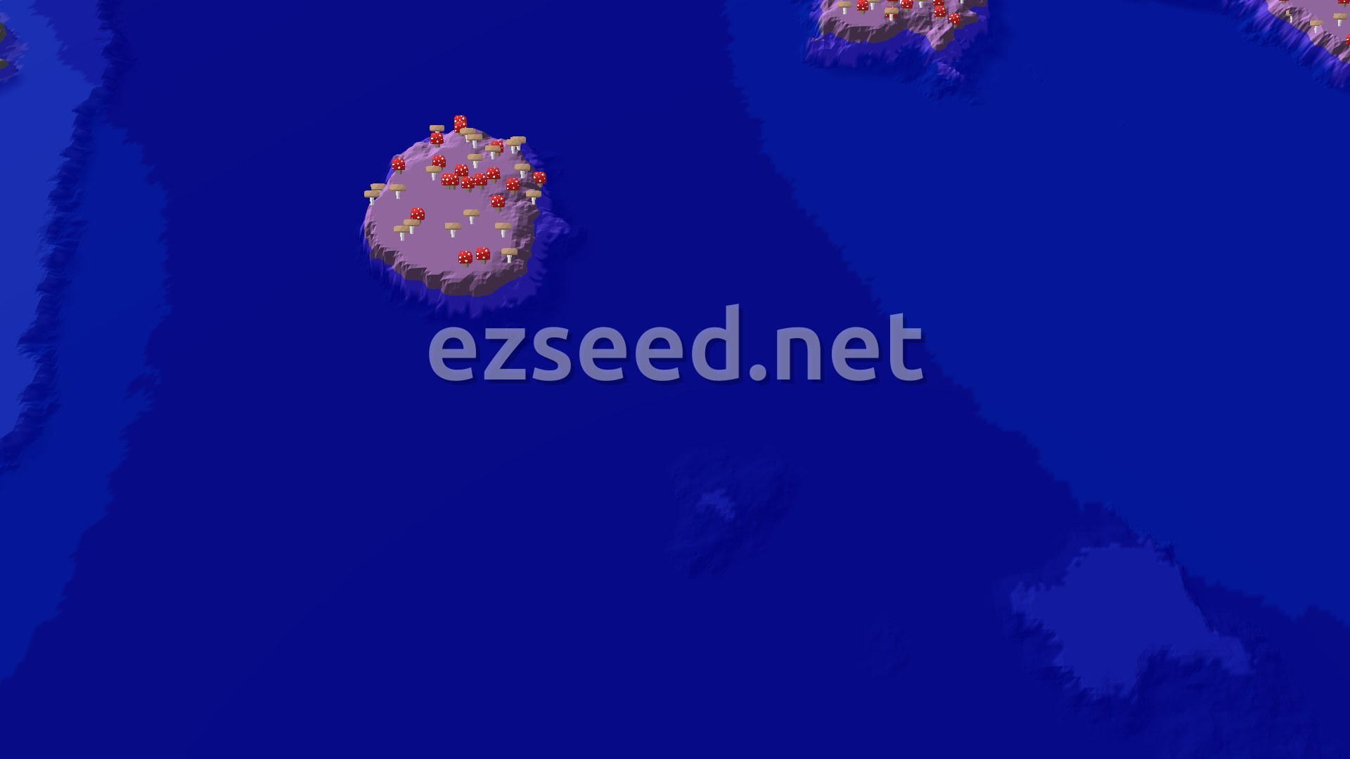 An overhead 3D view of a small, flat mushroom fields island in a vast deep blue ocean, with several red and brown mushrooms visible.