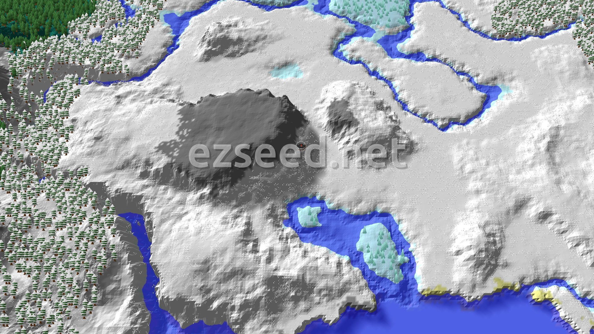Aerial Minecraft seed map — Spawn in Snowy Plains Near an Abandoned Village