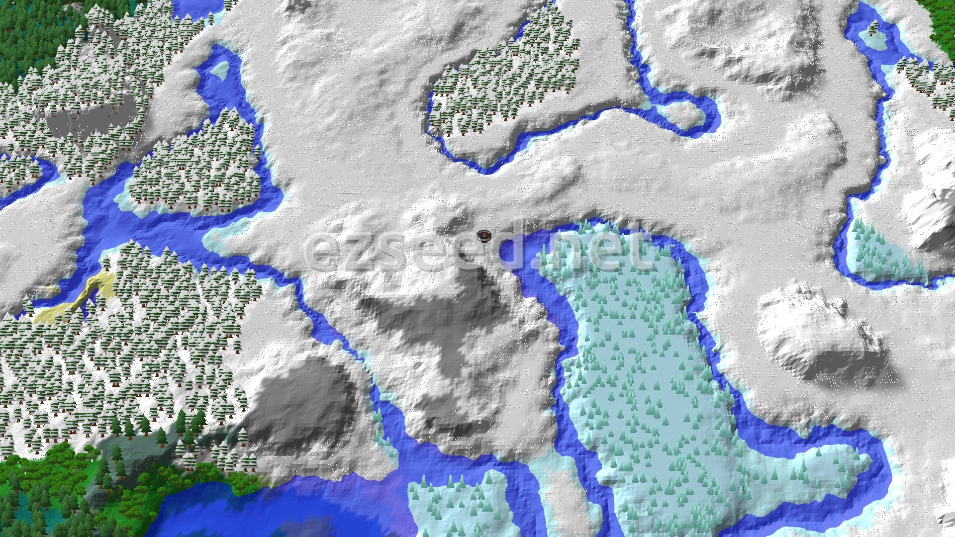 An aerial view of a mostly snowy and icy landscape, with a player spawn marker in the center. Snowy plains, frozen rivers, and snow-covered trees are visible, along with some patches of grey, rugged terrain.