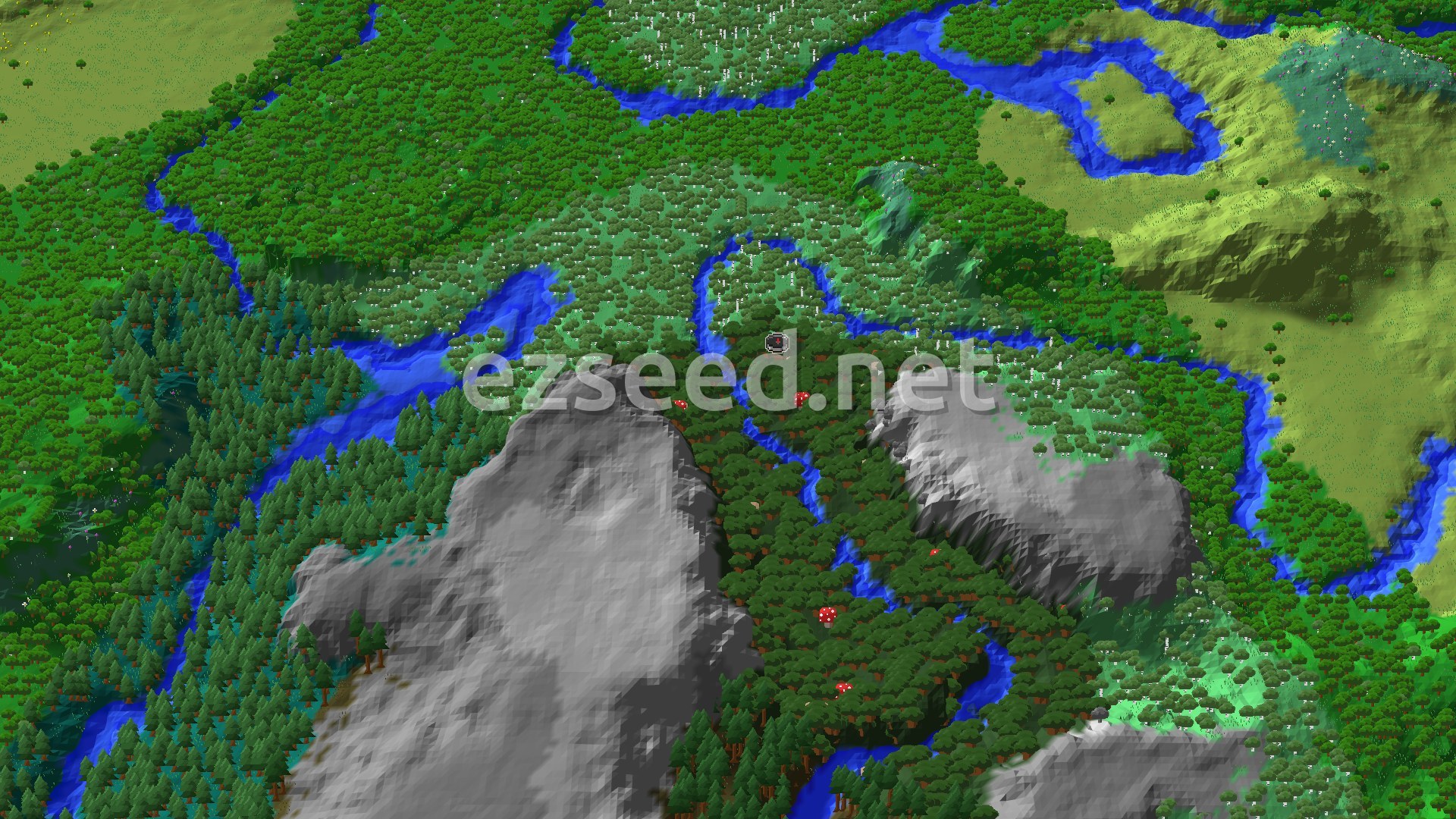 An aerial view of a varied landscape with dense green forests, winding blue rivers, and a large grey mountain range. A small spawn marker sits in a forested area.
