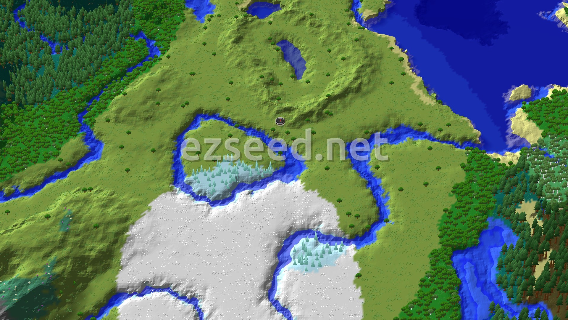 A bird's-eye view of a varied landscape, showing green plains and forests transitioning into a snowy, icy region, with rivers winding through.