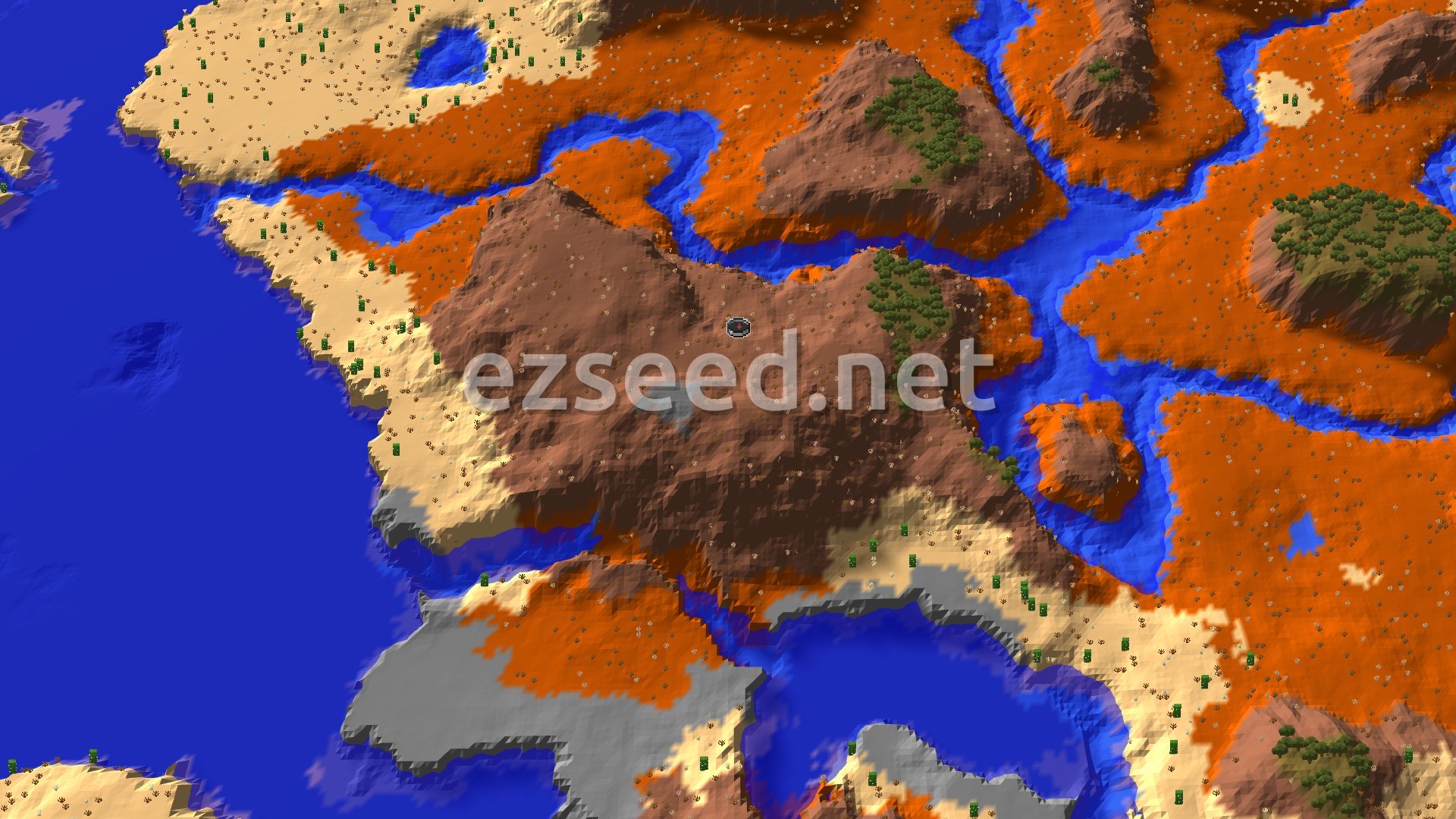 An aerial view of varied terrain, showing a mix of red badlands, orange wooded badlands, light desert, grey stony shore, and blue rivers and ocean, with scattered trees and a small spawn marker in the center of the badlands.