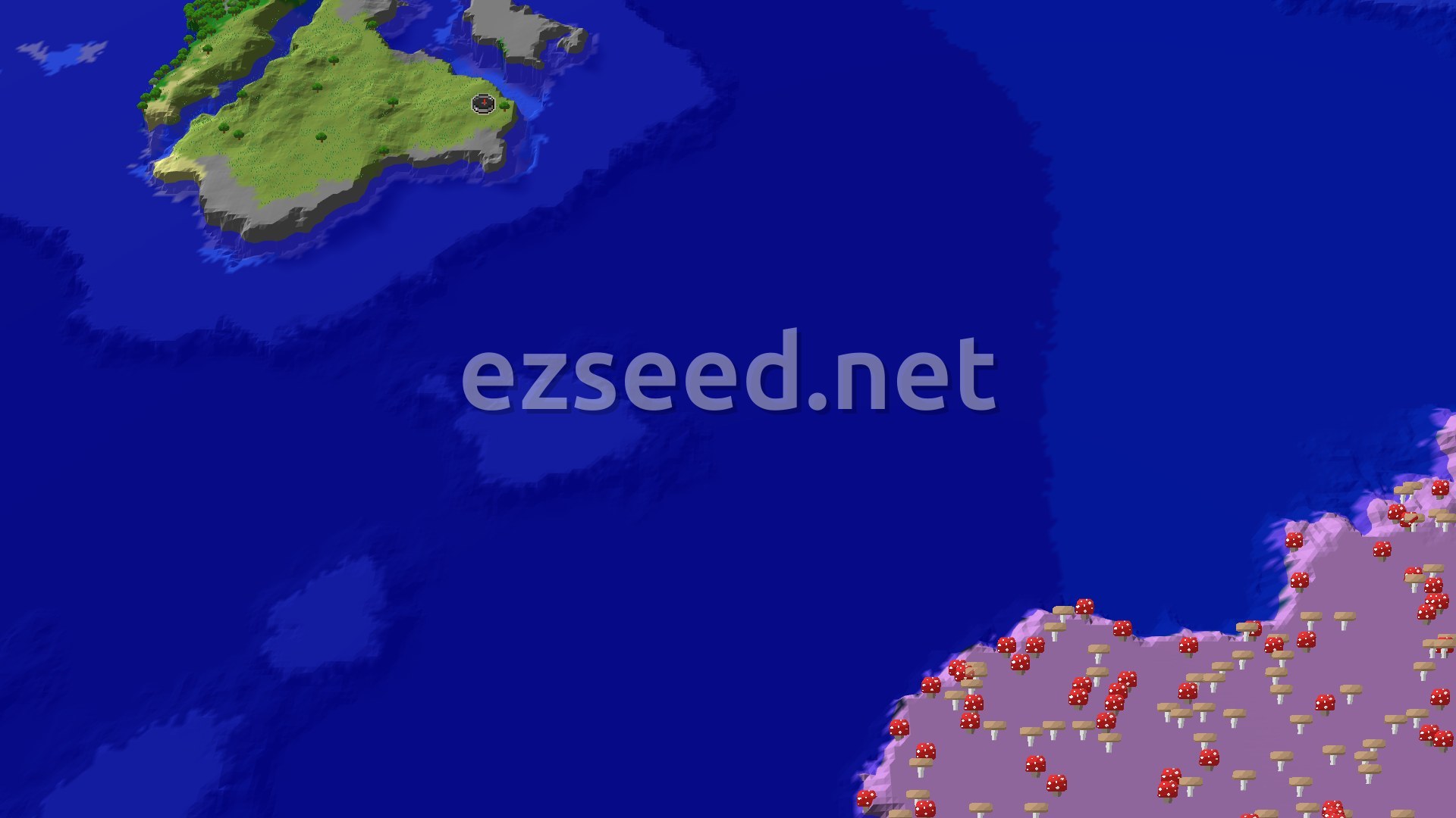 An aerial view of a moderate-sized island covered in plains and forest, surrounded by ocean, with a small marker indicating the spawn point.