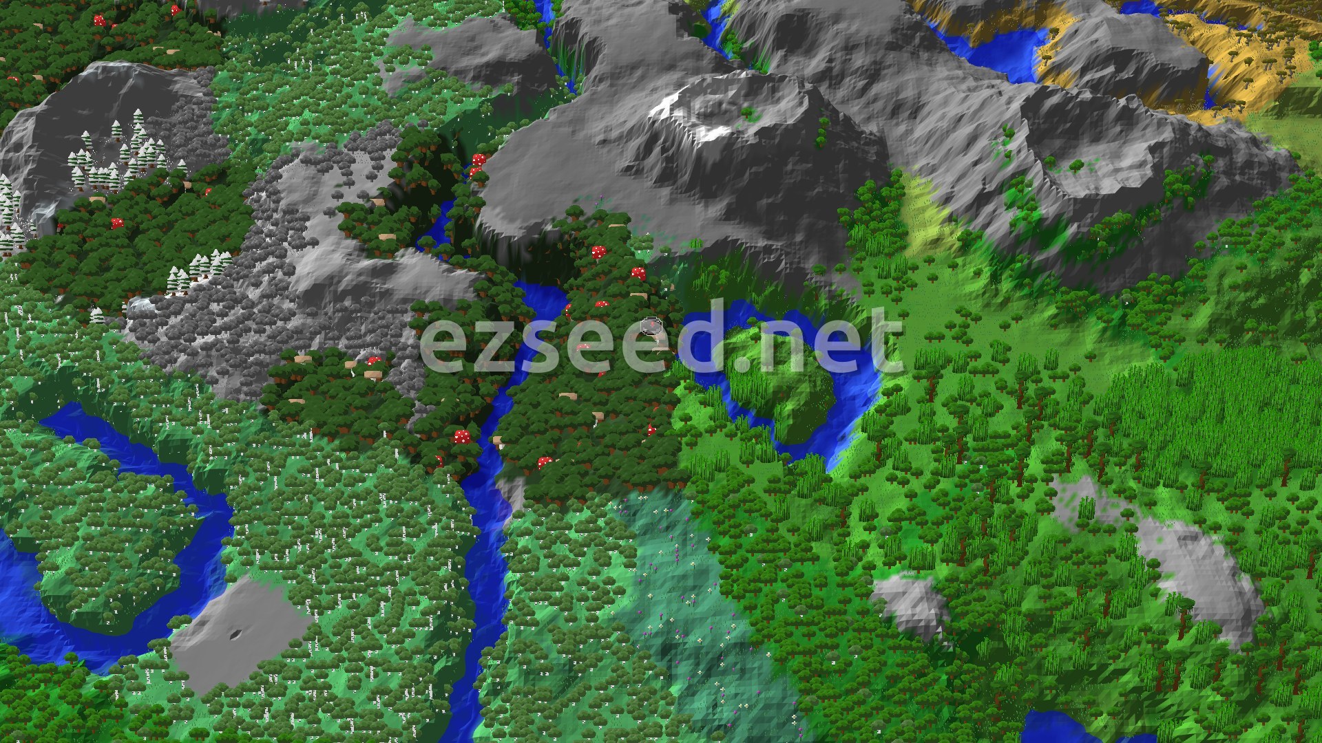 A 3D fly-over of a varied landscape featuring a dark forest, lighter green jungles, and several rivers winding through hills and mountains.
