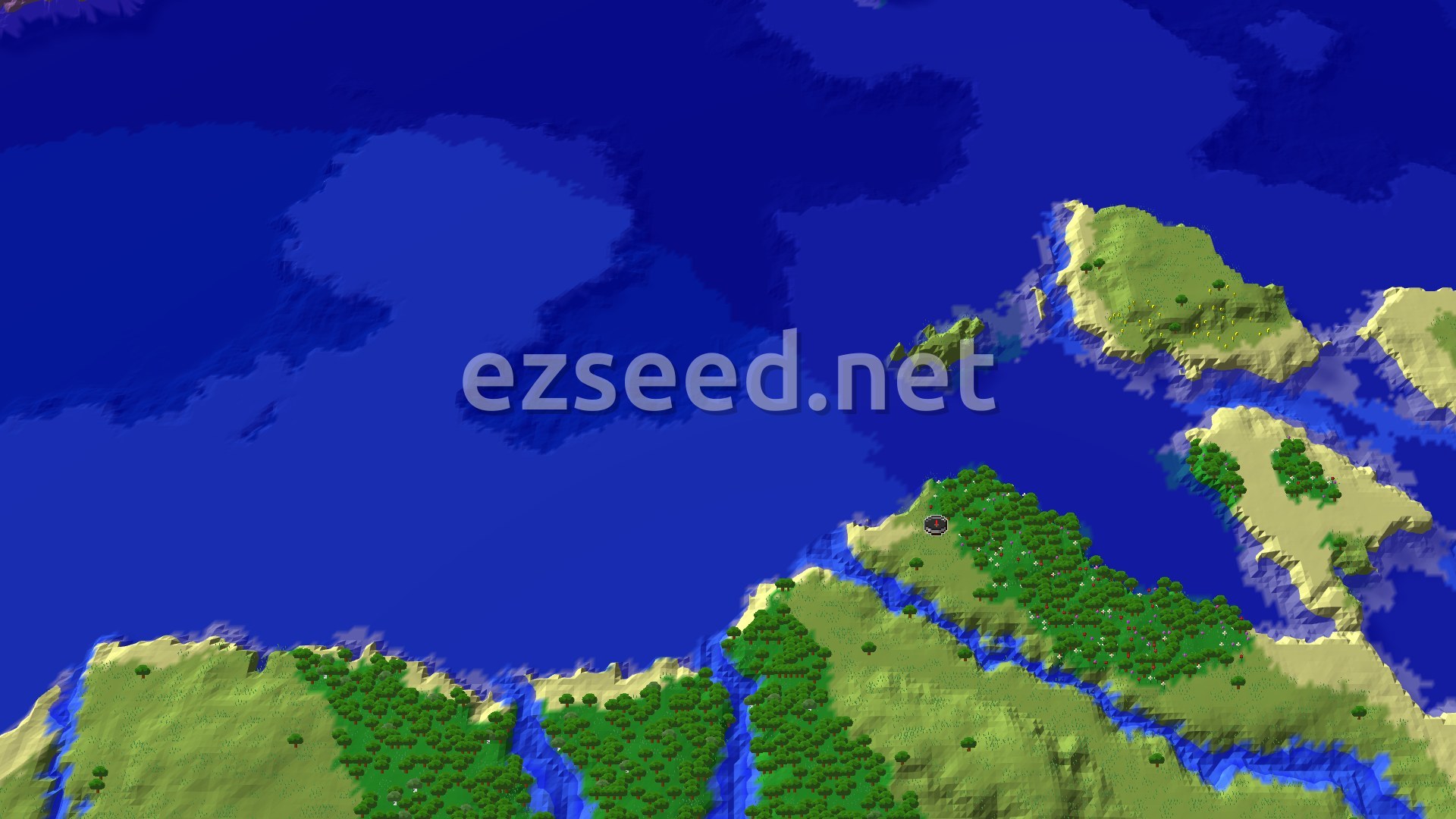 An aerial view of a flat plains biome with scattered trees and a distinct patch of colorful flowers to one side, bordering a body of water.