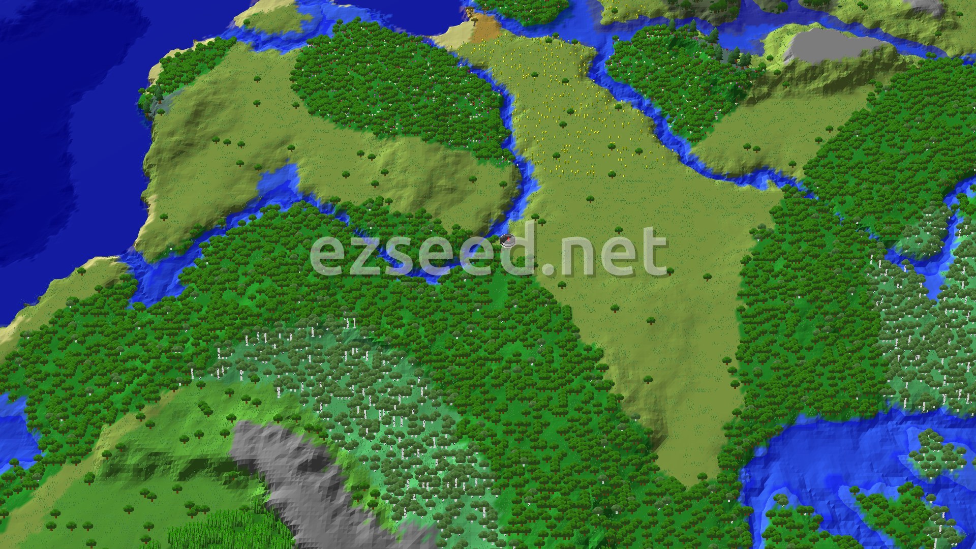 An overhead view of a diverse landscape featuring dense forests, open plains with scattered sunflowers, winding rivers, and a large ocean. Hills rise in places, and a small spawn marker sits at the center.