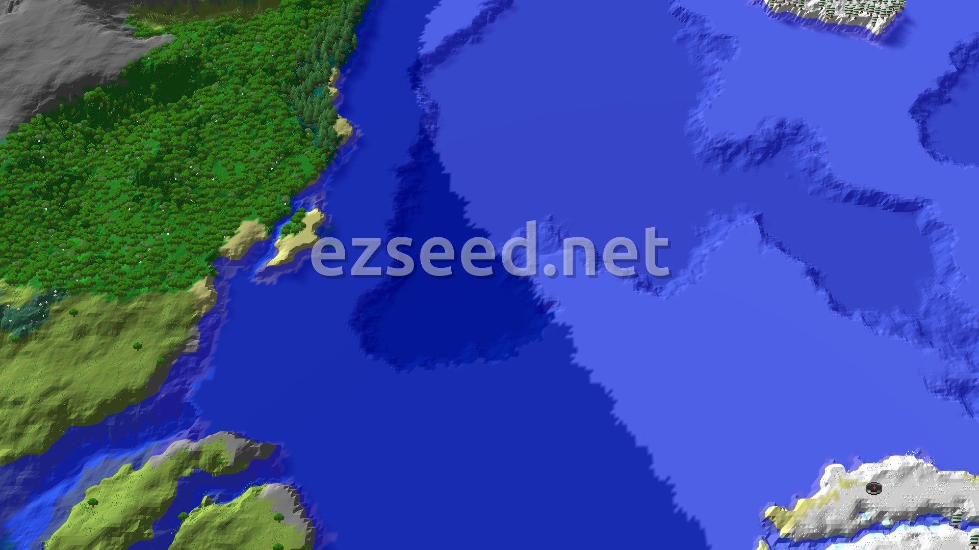 A 3D fly-over of a world dominated by a vast blue ocean, with green forest and plains on the left, and snowy plains and ice spikes visible in the distance at the top right, with a small spawn marker in the center.