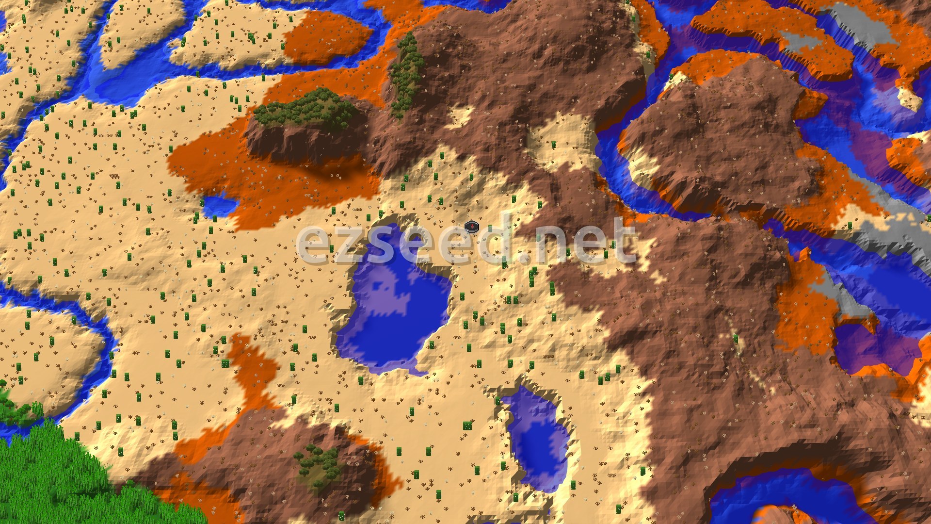 An overhead view shows a mostly desert landscape, with patches of orange badlands hills and winding blue rivers, surrounding a central spawn point.