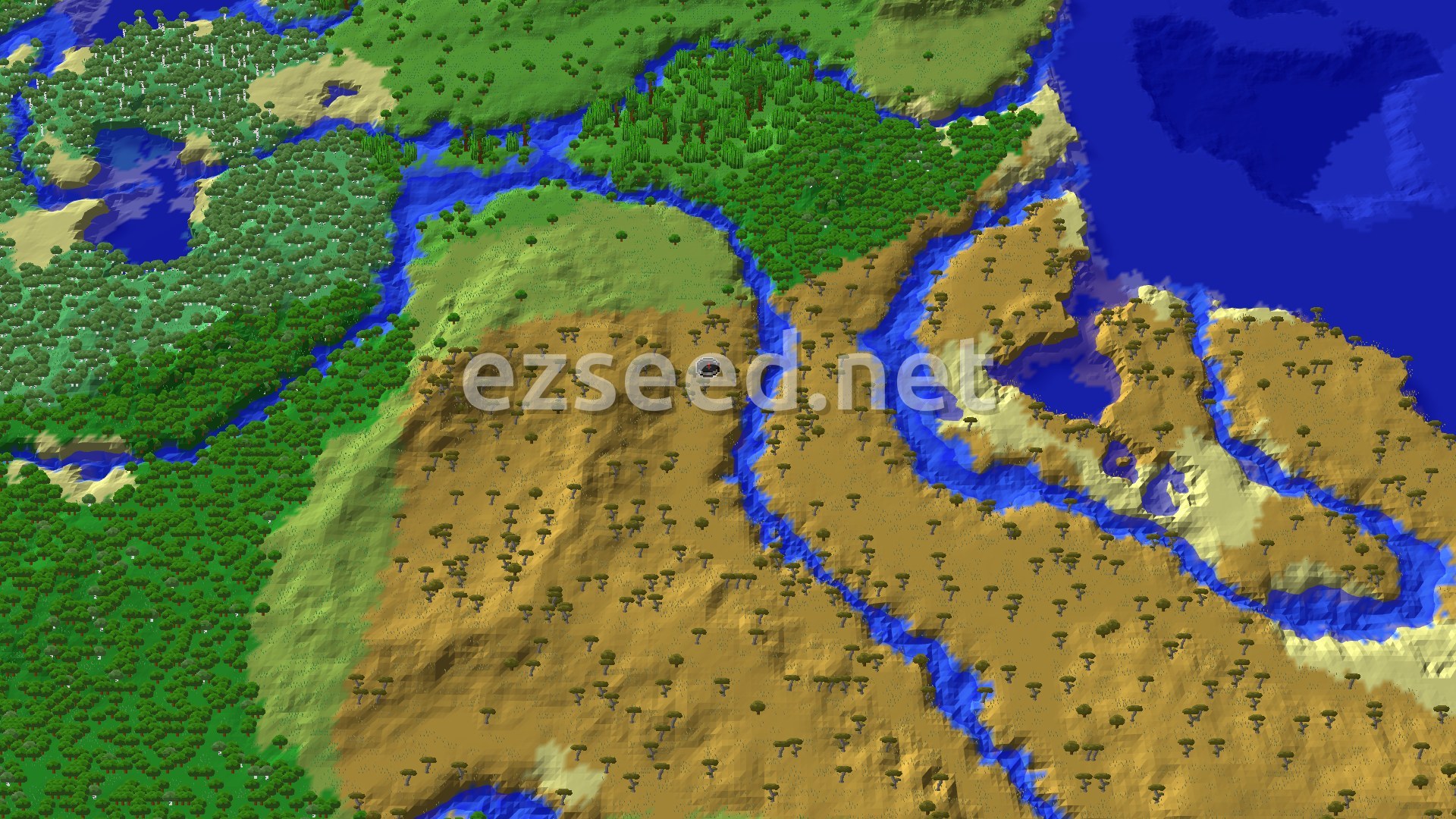 An aerial view showing a mix of savanna and forest biomes, cut by winding rivers, with a large ocean to the right.