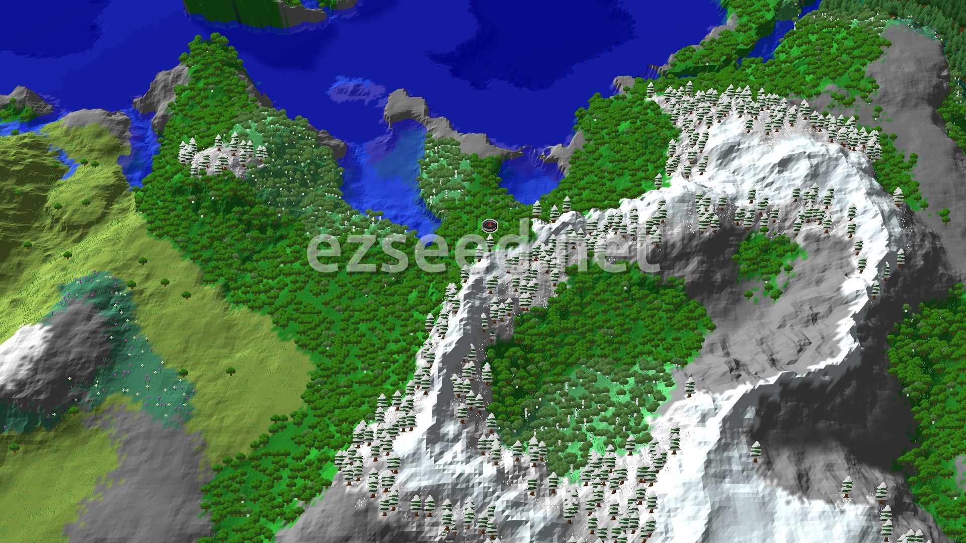 A 3D render of a Minecraft world showing a forest with a small marker at the center, flanked by snowy mountains and a body of water in the distance.