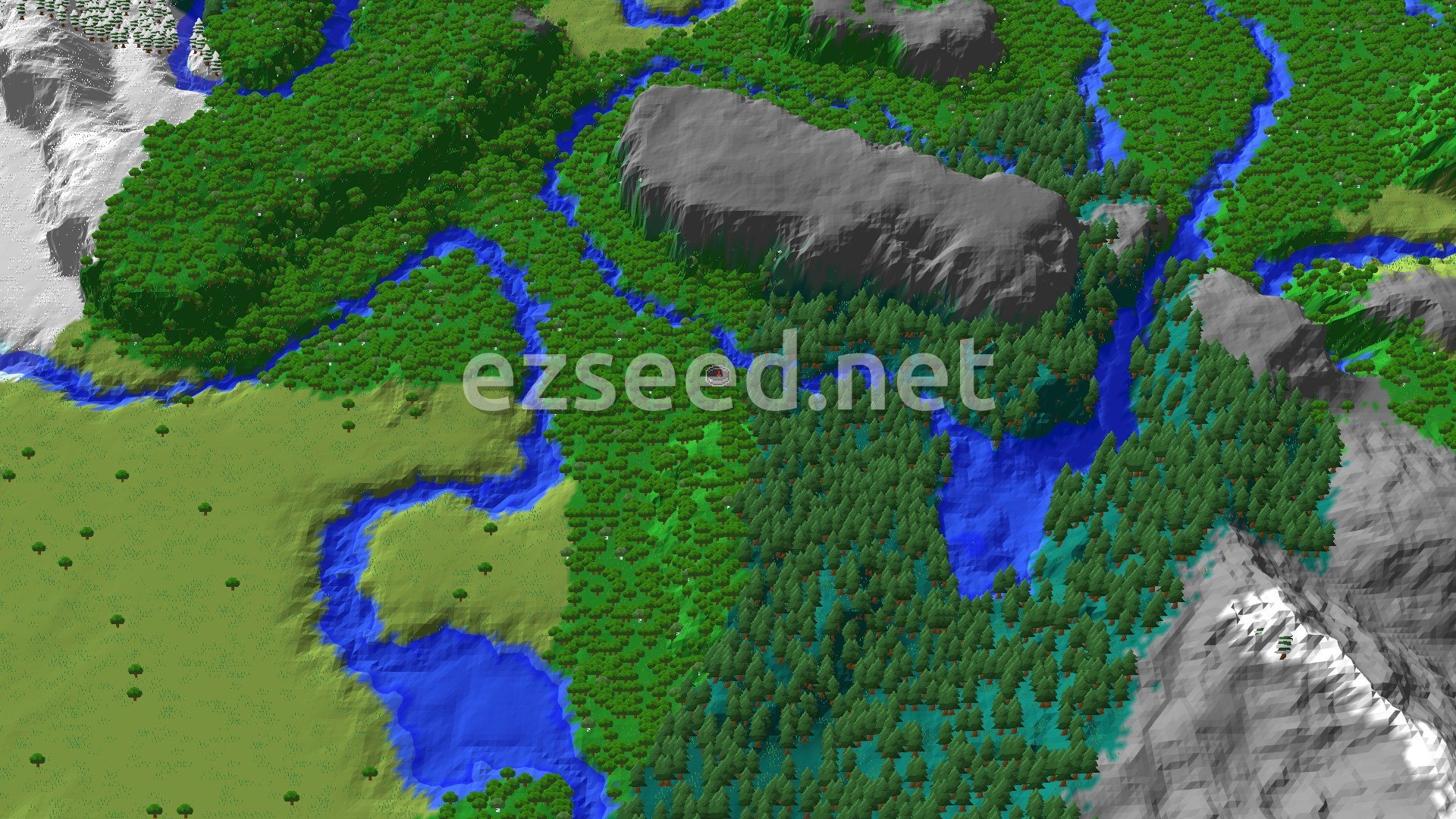 An aerial view shows a dense forest and taiga surrounding a river, with a large gray mountain ridge dominating the upper center. Snowy peaks are visible to the far left and right.